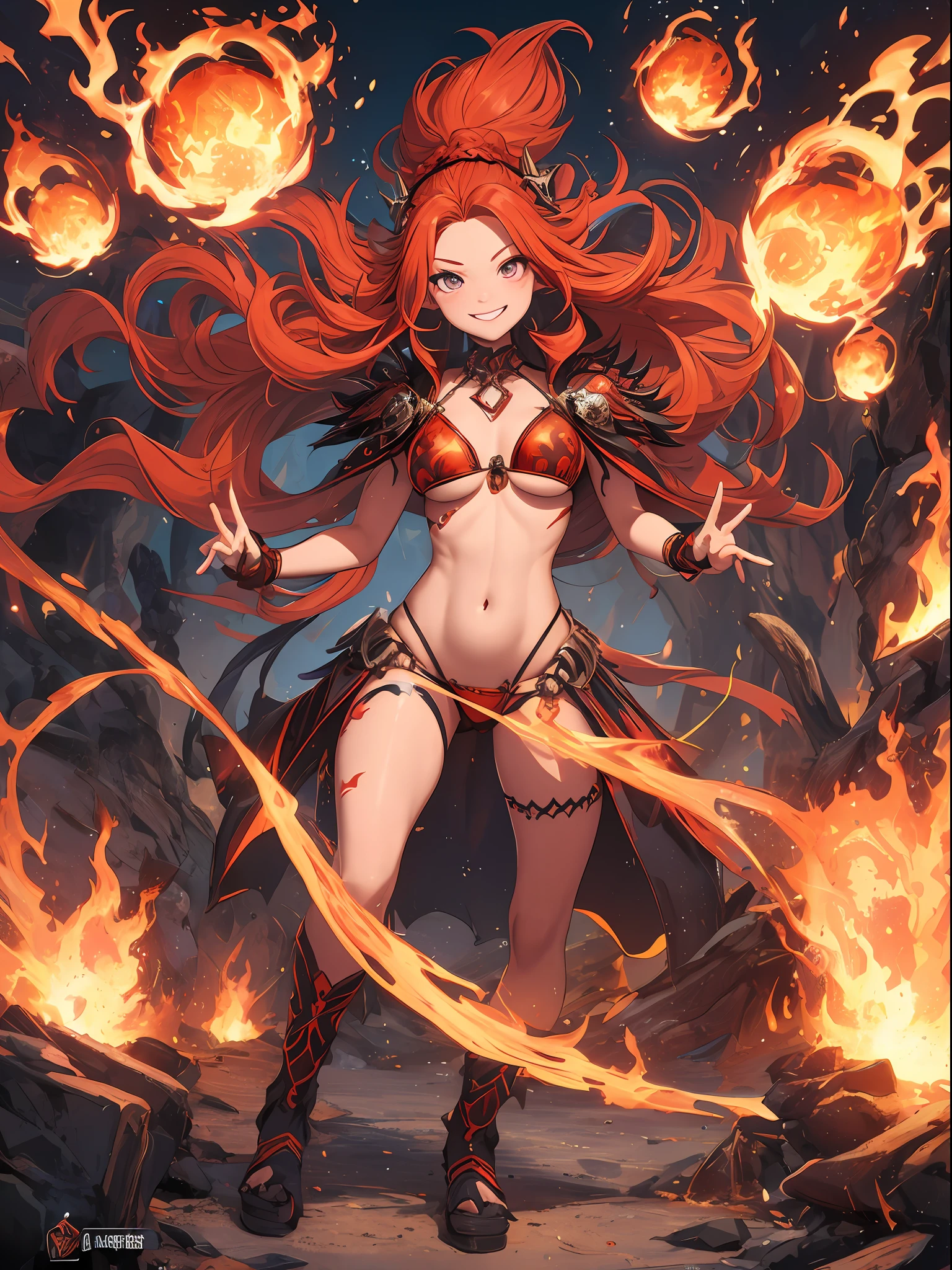 Pyromancer queen, 1girl, Long braided hair, volcano hairband ornament, well endowed animated style, wide hips, perfect face, redhead hair color, (fire and ashes bikini, flames), evil grin, volcabo bracers, jewelry, ice ornate necklace, collarbone, anatomy, symmetrical body paint tattoo, action pose, battle stance, prfm style, double eyelid, smile, holding a Fireball