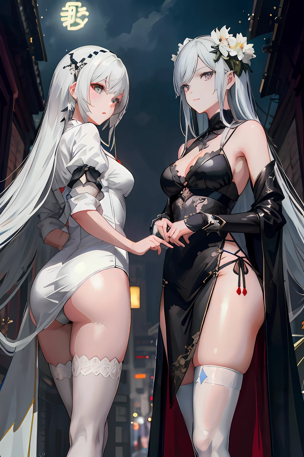 Anime - Stylish woman standing on the street in a dress and stockings, WLOP and Sakimichan, black-white skintight robes!, Guweiz in Pixiv ArtStation, Guweiz on ArtStation Pixiv, Guviz, trending on cgstation, two beautiful anime girls, wlop and krenz cushart, azur lane style