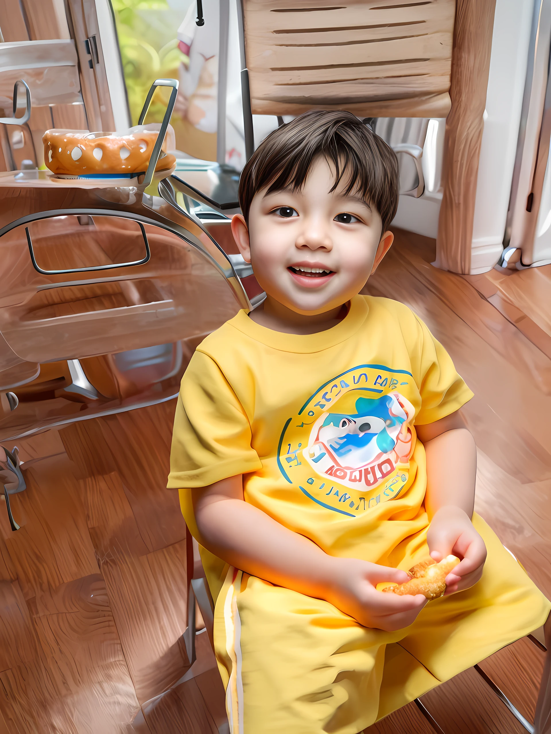 there is a young boy sitting on a chair with a doughnut, kid, inspired by Abidin Dino, wearing a modern yellow tshirt, , with yellow cloths, my son! the jaws that bite, a picture, shot with iphone 1 0, captured on iphone, in blue and yellow clothes, he is 3 5 years old