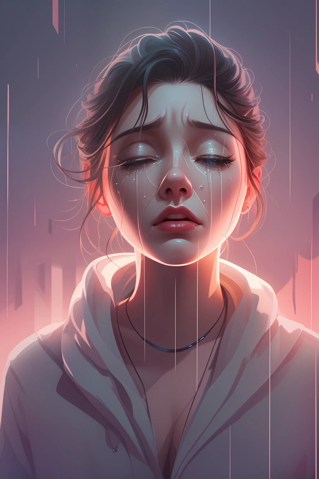 a woman cries, dramatic, fine detail, atmospheric, vivid tones, octane render, sharp focus, sharp edges, 2d cute, fantasy, dreamy, vector illustration, centered, professional, sleek, modern, minimalist, graphic, line art, vector graphics