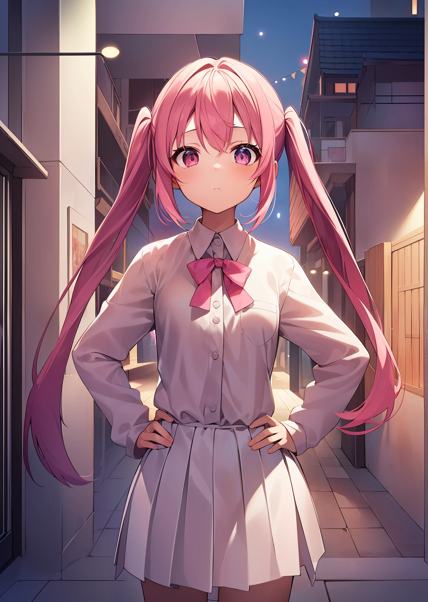 1girl. pink hair.long hair.twintails.{}.(short stature).small breast.white t-shirts.skirt. (((masterpiece))).(((best quality))).)((ultra-detailed))).(((illustration))). (((put your hands on your hips))).(((night view))).(((1girl))).