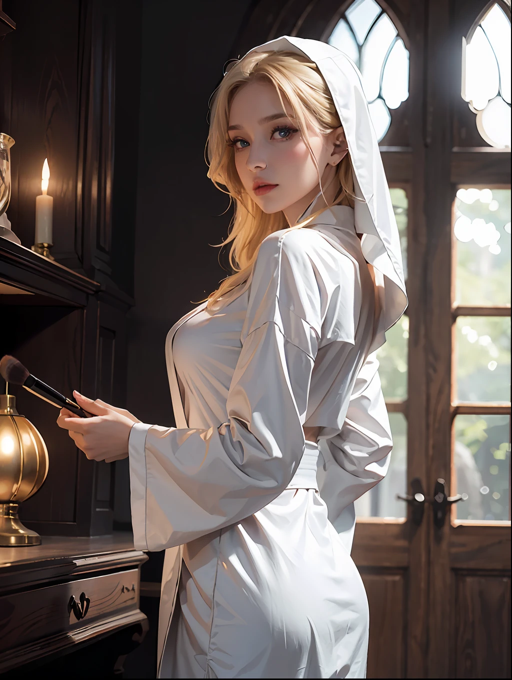 （tmasterpiece：1.2）， （best qualtiy：1.2）， perfect  eyes， s the perfect face， Volumetriclighting， 1girll， Full-fledged nun， A MILF， Naked robes， Exposed robes， blond hairbl， pauldrons， The sword， obi strip， stern expression， fanciful， exteriors， detailed back ground， putting makeup on， lipsticks， eye shadows， mascara， thick eyeslashes