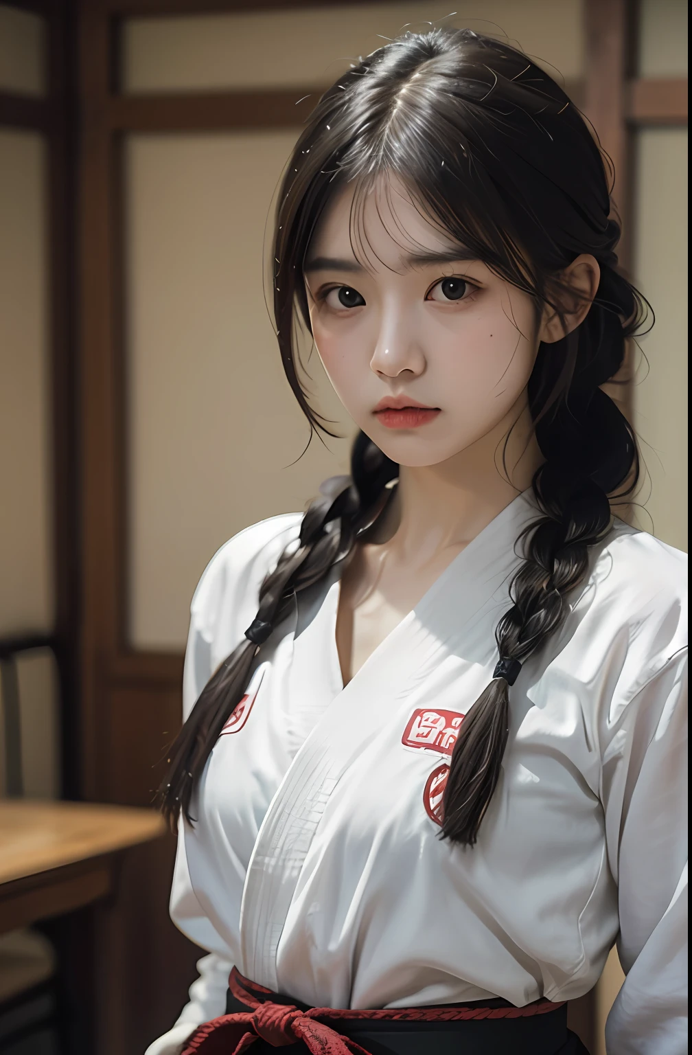 (8K、Raw photo、picture quality、、、、、、masutepiece:1.2)、(realisitic、Photorealsitic:1.37)、Japan female judoka、Black belt white judogi、Cowboy composition、Frontal line of sight、Tatami room in the dark、solemnity、Intimidating appearance、Dignified atmosphere、Muscular upper body、Menacing posture、Braided hairstyle tied with dumplings、angry expressions