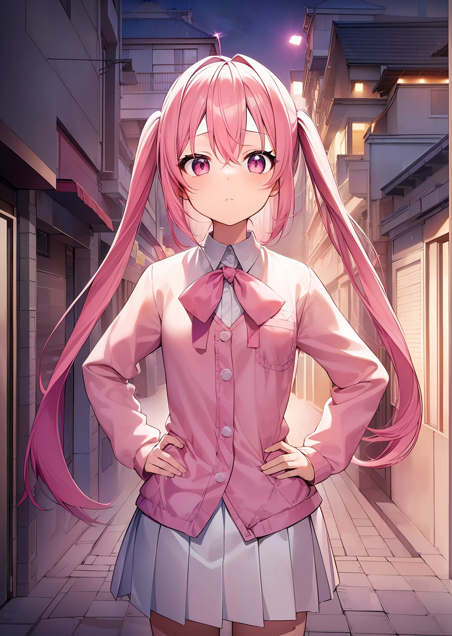 1girl. pink hair.long hair.twintails.{}.(short stature).small breast.white t-shirts.skirt. (((masterpiece))).(((best quality))).)((ultra-detailed))).(((illustration))). (((put your hands on your hips))).(((night view))).(((1girl))).