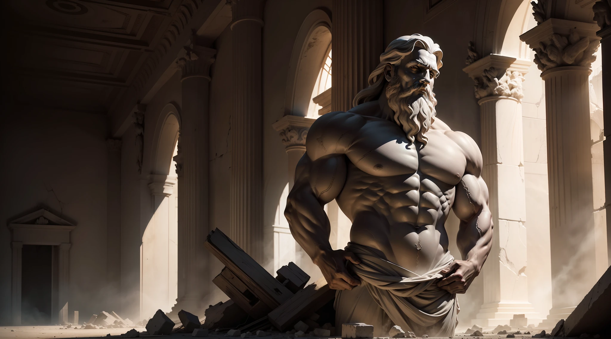 Zus Greek statue portrait marble sculpture of a face of god in a wrecked place, beard, muscular, full body, with a spleen raising a ray, cinematography, epic light and shadow, high contrast, professional photography, dark backgroud