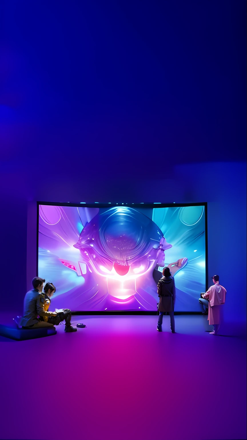 National tide,Technologie,(In the center of the poster is a large screen),(The screen emits light),On the left squats a photographer,The two people on the right are looking at the screen,32K,detail-rich,plethora of colors,Beautiful and sci-fi,high detal,(The scene in the screen is 3D),(Perfect anatomy:1.8),(Photographic image),(Screen scrutiny),Meticulous sketching,Realistic scenes,Real mechanism,Cinematic lighting,Ultimate HD picture quality,Hollywood-style character detail rendering
