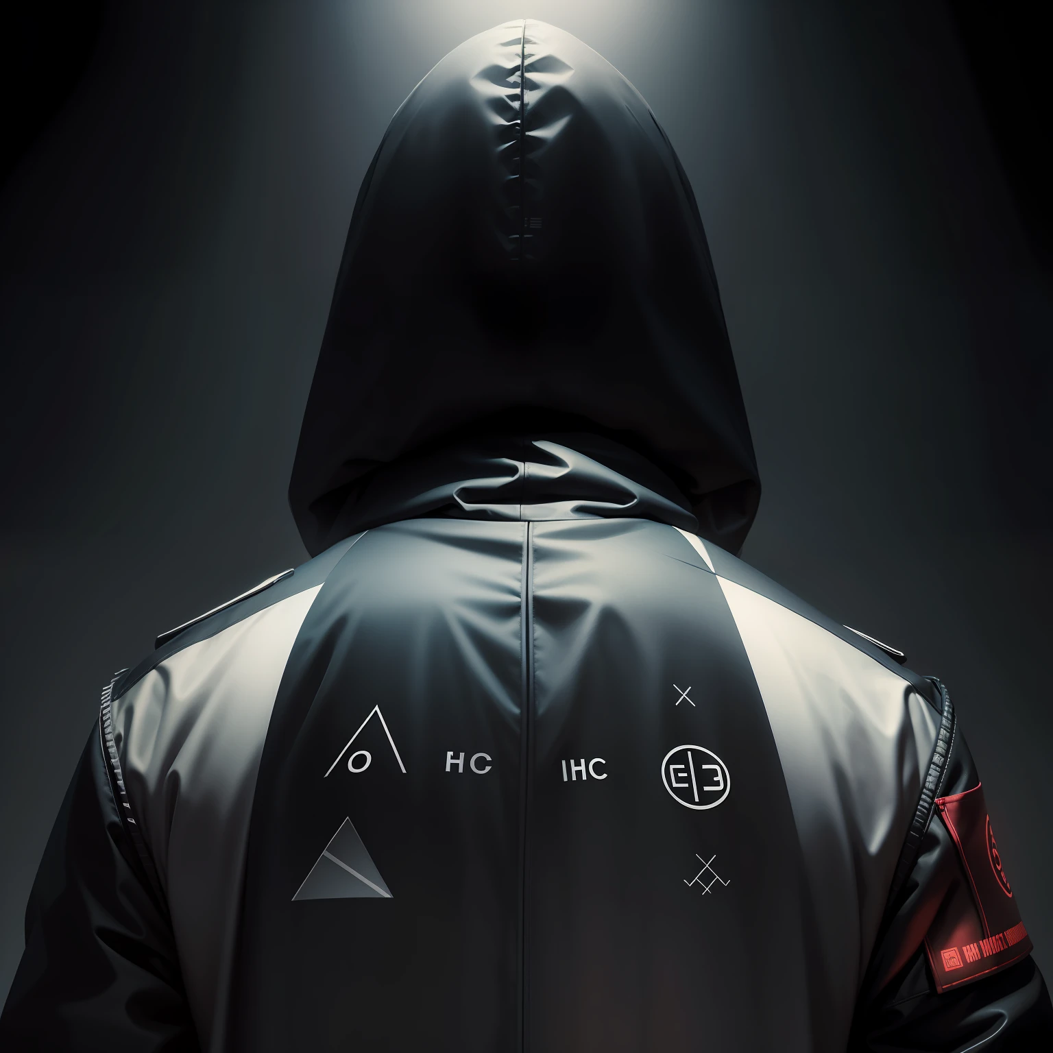 Create a photo of a person hoodled and on their back wearing a coat full of mathematical symbols in a dark environment