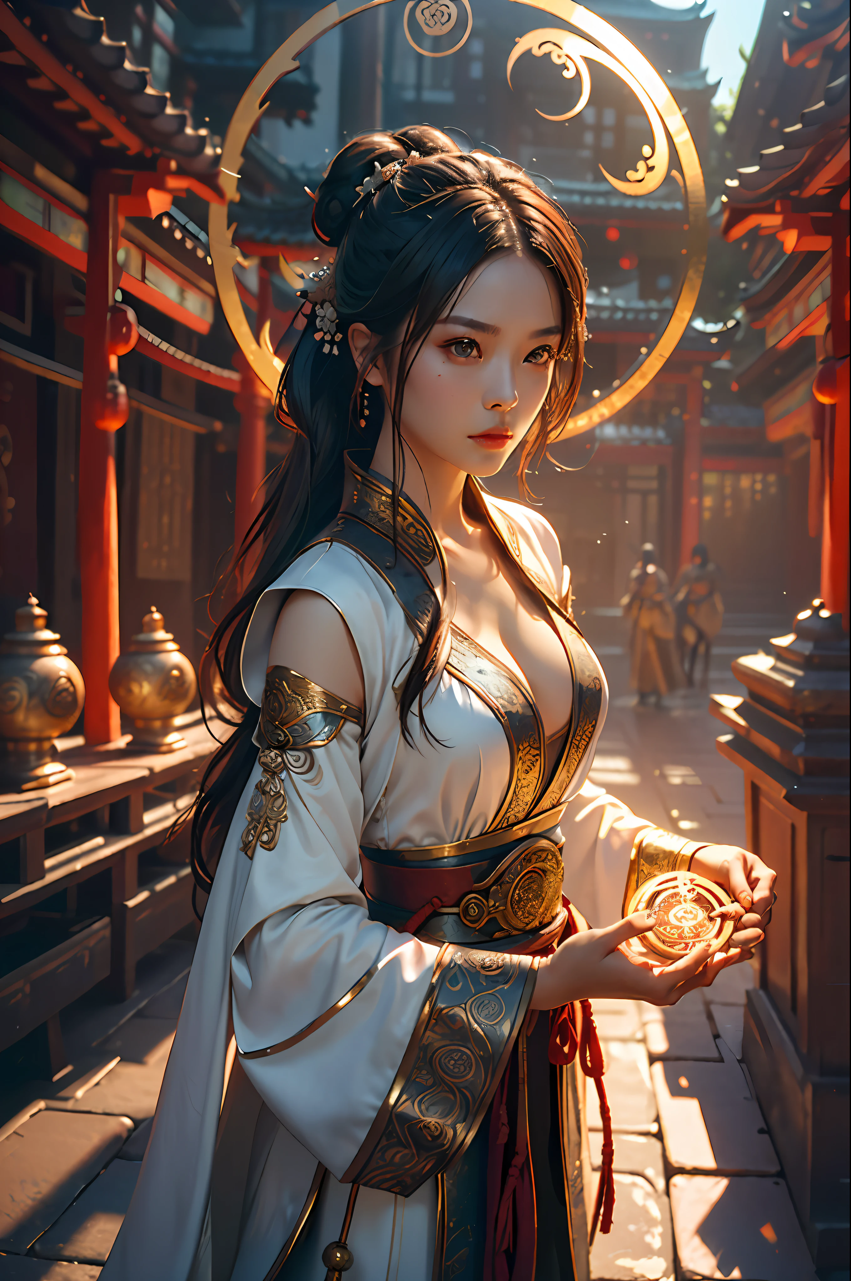 Best quality,masterpiece,ultra high res,(photorealistic:1.4),xiuxian,weapon,Detailed face,
1girl,solo,weapon,cleavage,(magic circle:1.2),xiuxian,upper body,Beautiful girl,full body,east asian architecture,sheath,architecture,