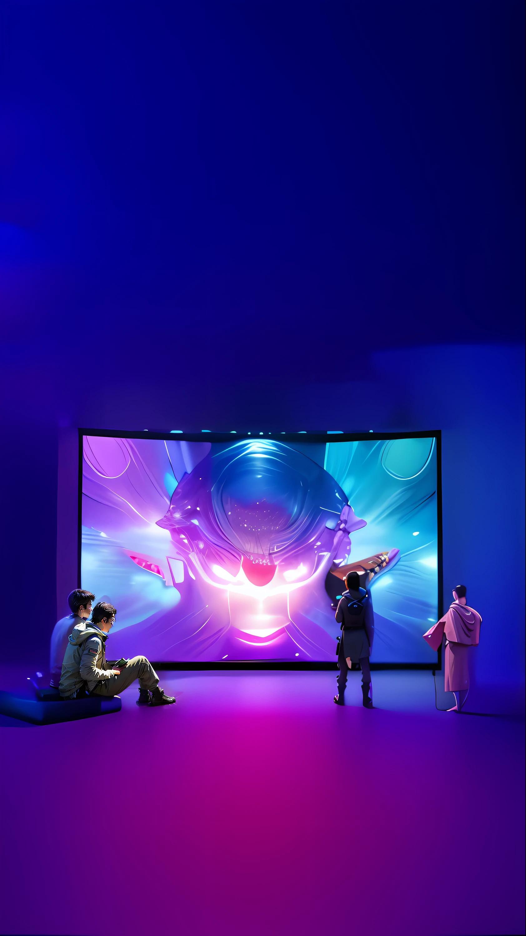 National tide,Technologie,(In the center of the poster is a large screen),(The screen emits light),On the left squats a photographer,The two people on the right are looking at the screen,32K,detail-rich,plethora of colors,Beautiful and sci-fi,high detal,(The scene in the screen is 3D),(Perfect anatomy:1.8),(Photographic image),(Screen scrutiny),Meticulous sketching,Realistic scenes,Real mechanism,Cinematic lighting,Ultimate HD picture quality,Hollywood-style character detail rendering