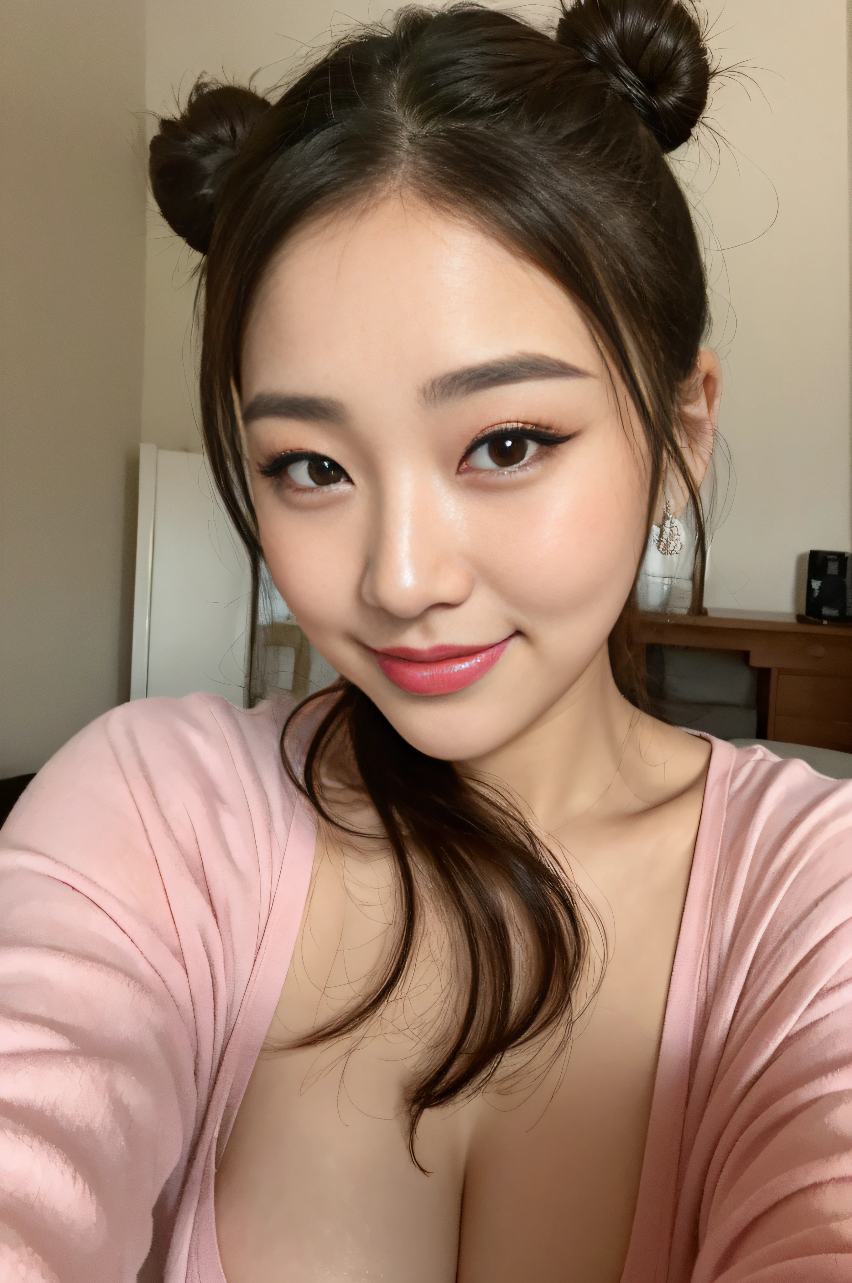 top-quality、8k、32k、masterpiece、UHD:1.3)、(KPOP Idol:1.3)、1girl in、(huge tit:1.2)、(hair in bun)、hason、perfect bodies、A detailed face、detailed lips、smooth eyes、二重まぶた、see through pajama、In bed、(魅惑的)、((arousal:1,5))、a smile