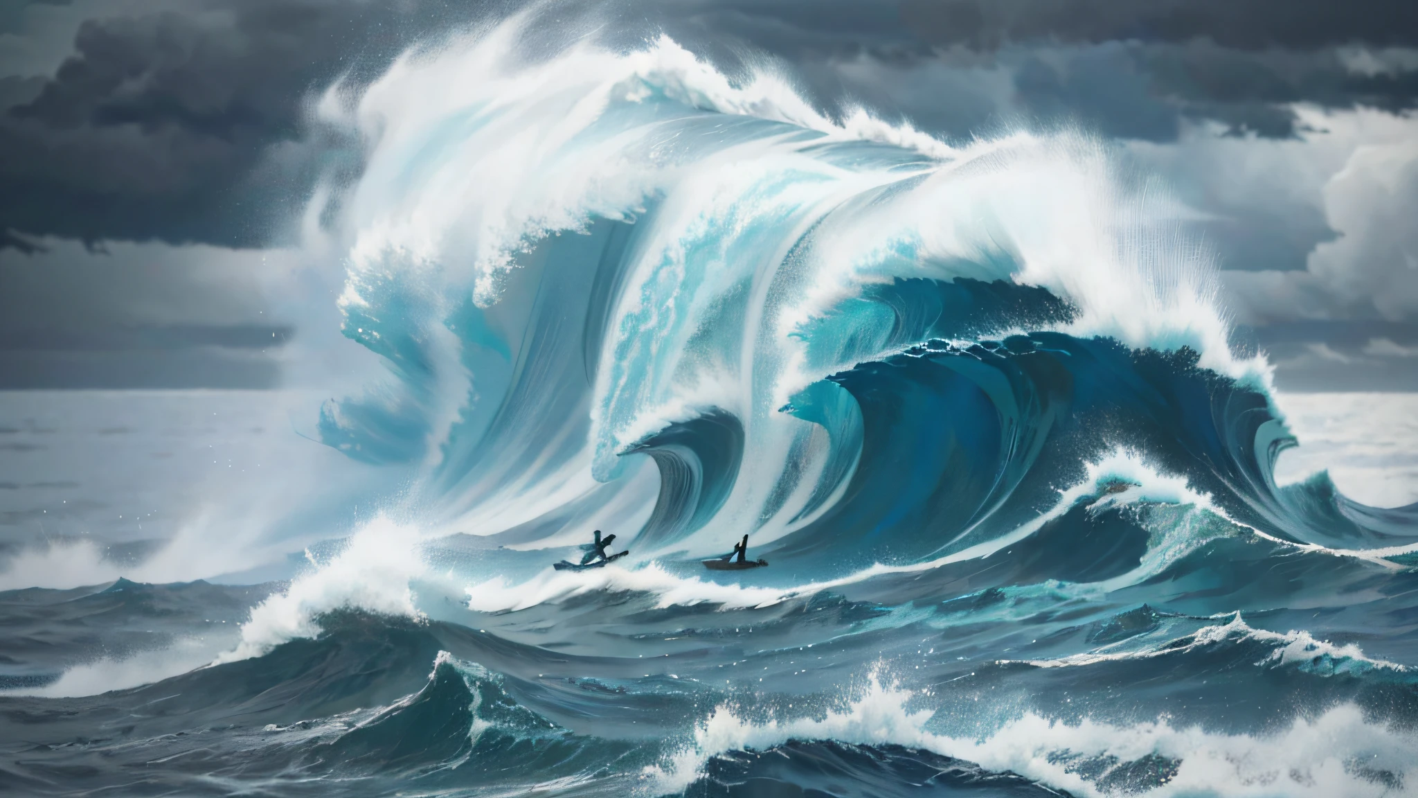 A stormy sea, symbolizing the challenges and obstacles on their journey, with two man on a boat bravely navigating through rough waters .j apanese style