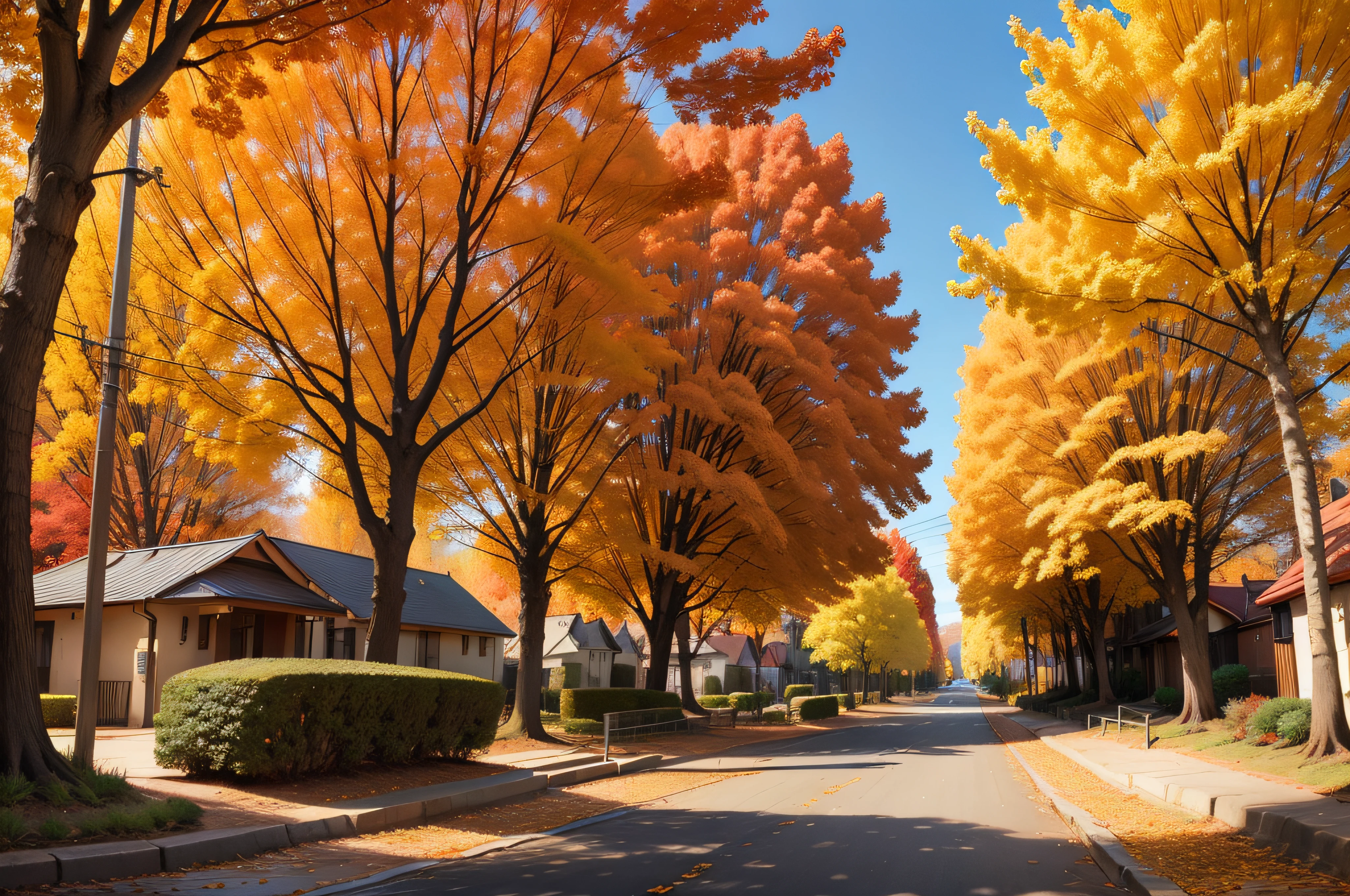 Colored leaves　tree-lined street　late autumn　golden colors　red　Beautiful fece　hometown