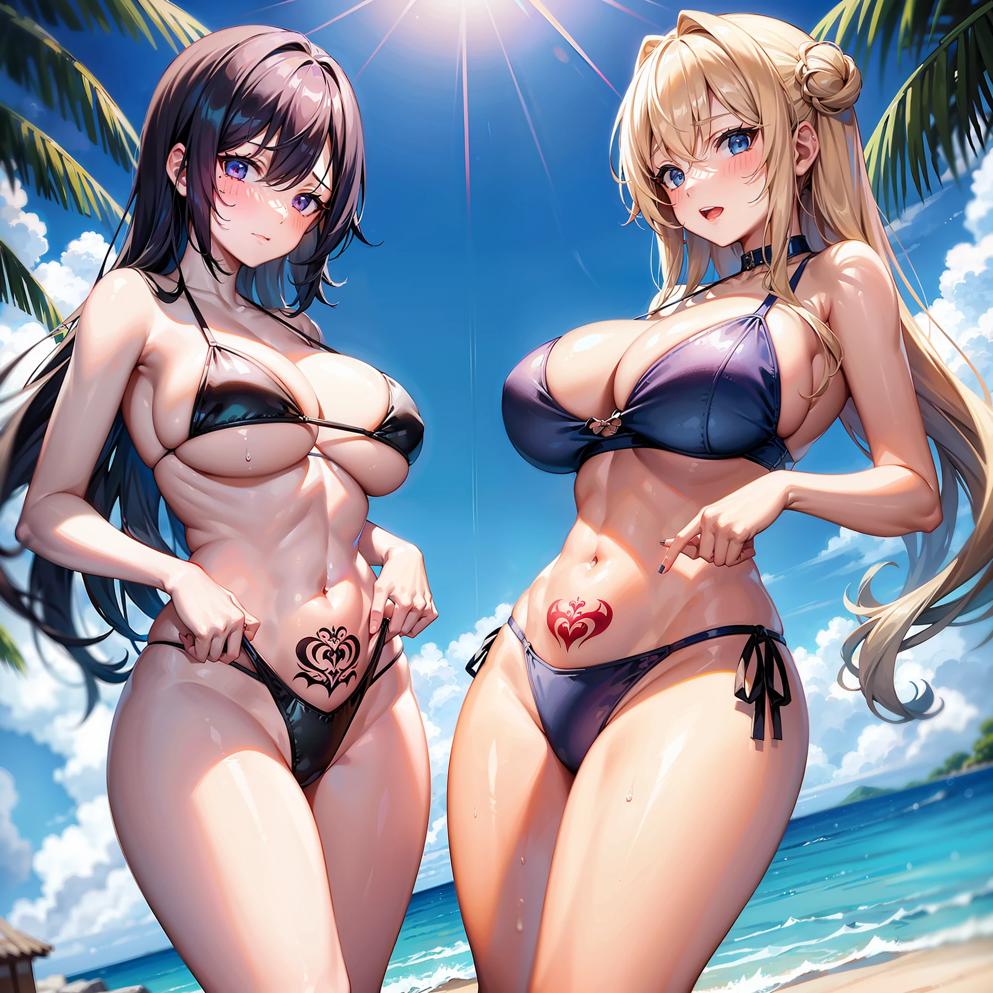 2girls,Extremely large breasts,Get wet,Bikini swimsuit,Bare with thighs,Bare navel,High-fork swimsuit,Tattoo of a heart on the abdomen