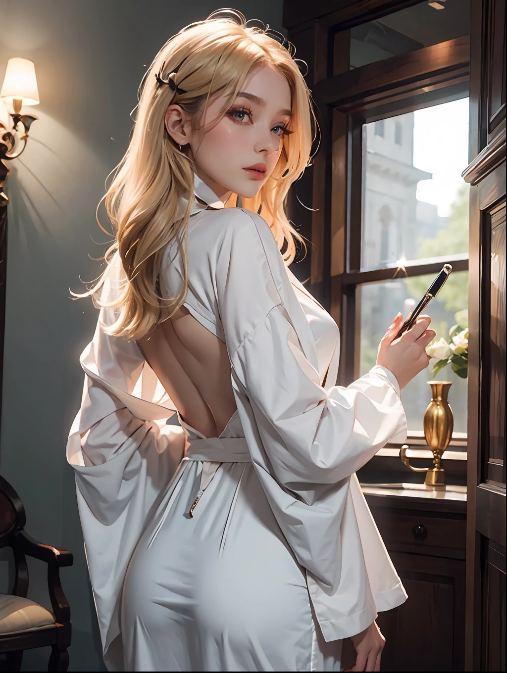 (tmasterpiece:1.2), (best qualtiy:1.2), perfect eyes, s the perfect face, Volumetriclighting, 1girll, Full-fledged nun, A MILF, Nude robes, Exposed robes, blond hairbl, pauldrons, The sword, stern expression, fanciful, exteriors, detailed back ground, putting makeup on, lipsticks, eye shadows, mascara, thick eyeslashes