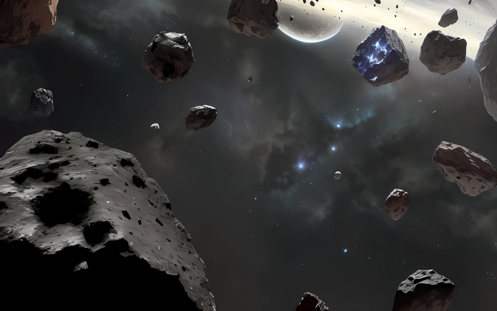 There are a lot of small stones and small stones in the space, asteroids realistic cinematic, asteroids, On the surface of an asteroid, The asteroid belt in the distance, Asteroid belt, star citizen concept art, metallic asteroid, star citizen digital art, Meteor Fall, spaceships flying in background, meteors are falling from the sky, spaceships flying around, cinematic space scenery