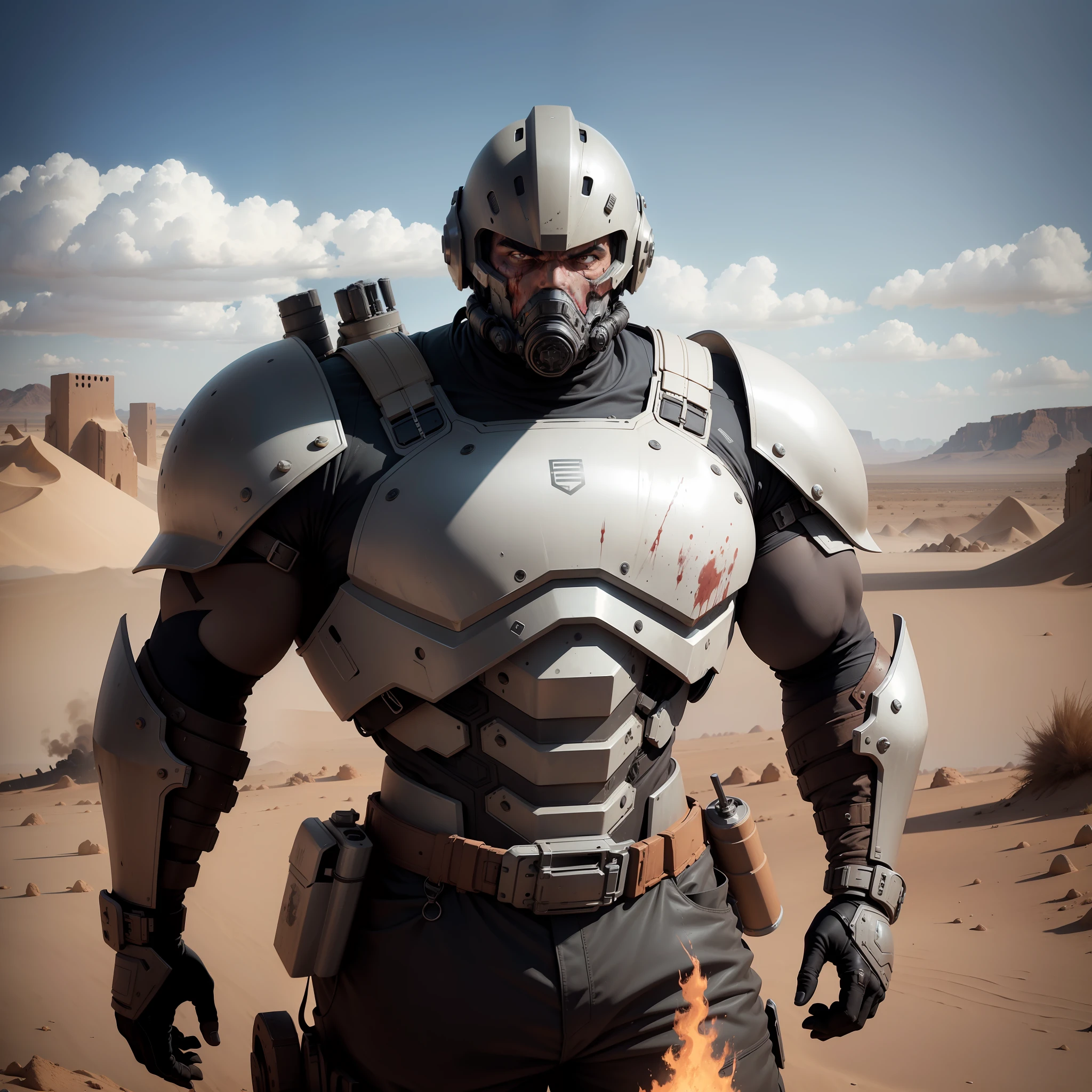 A brutal strong man stands with his back to us, Futuristic armor vest, Futuristic helmet with visor,Grey Desert , wasteland,storm ,Sateen , The skeleton of the car is on fire, Post-Apocalypse,Blood on the sand, scenery , Large image , In the distance you can see a post-apocalyptic truck with a residential module