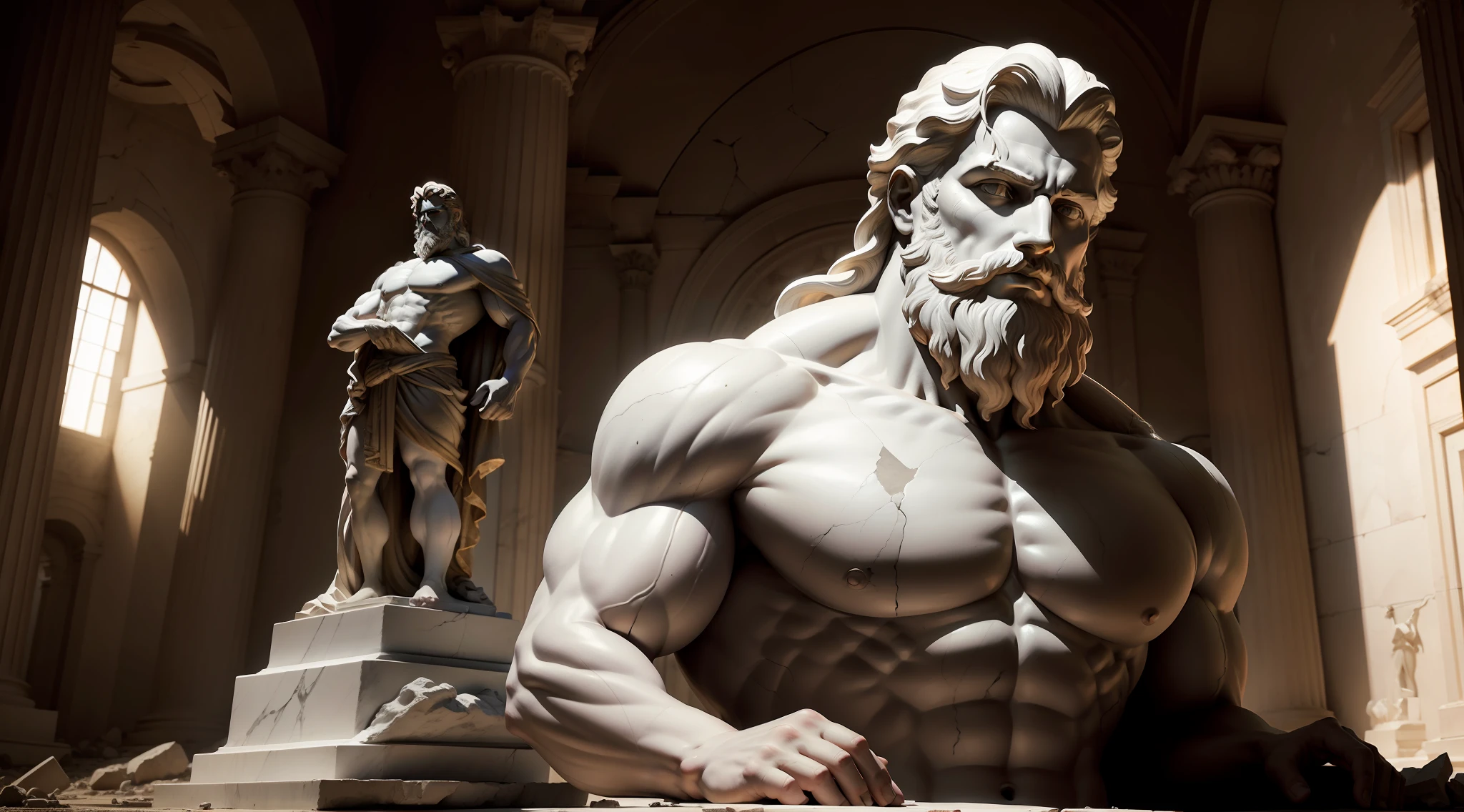 Zus Greek statue portrait marble sculpture of a face of god in a wrecked place, beard, muscular, full body, with a spleen raising a ray, cinematography, epic light and shadow, high contrast, professional photography, dark backgroud