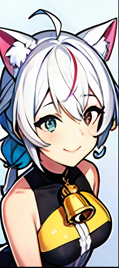 cat ear, whaite hair, Pick dyeing, Short double ponytail, Slightly curly hair, was writing, Bell, Harnes, Heterochromic pupils, Yellow pupils, Blue pupils, Poor milk, flatchest, bit girl, smile, streaked hair, white hair, ahoge, hair behind ear, short twintails, mole under eye, hairpin, cat ears, smile, from above, masterpiece, high quality, super detail, high details, high quality, award winning, best quality, highres, UHD