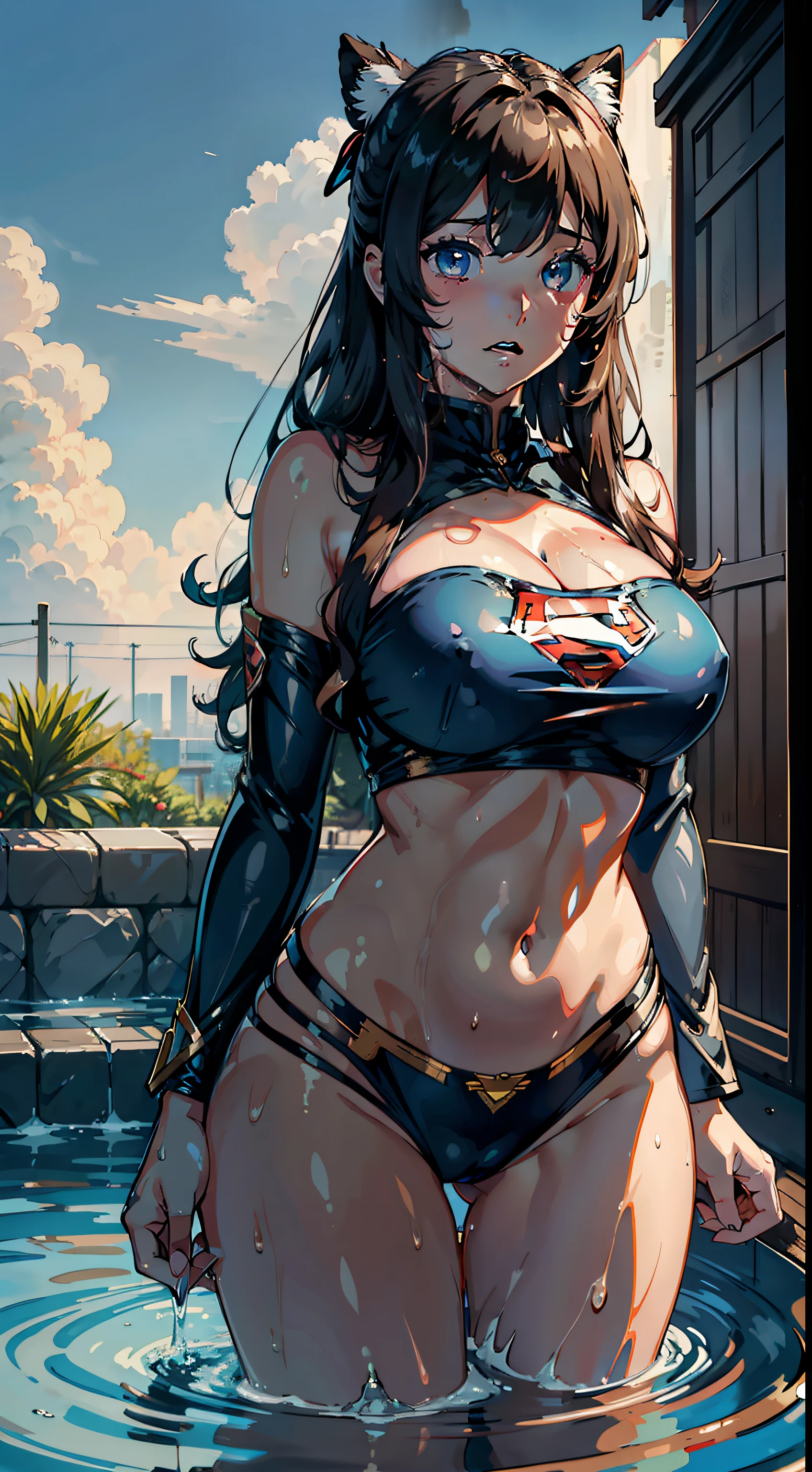 1girll,Huge breasts,Supergirl, Wearing a Superman uniform,独奏, hair adornments, She's wet, ,A defiant expression,, Skysky,the night,themoon, She has long flowing hair, exposed bare shoulders, standing on your feet,Bigchest, wetclothes, From the front side, hair straight, mostly cloudy sky, Wet hair (((tmasterpiece),(Very detailed CG unity 8K wallpaper),best qualtiy,,独奏,1girll,cinmatic lighting,detailed back ground,beatiful detailed eyes,Bright pupils,(Very fine and beautiful),(Beautiful and detailed eye description),ultra - detailed,tmasterpiece,)),facing at camera,Protruding underparts,Camel toes,absurderes,A high resolution,ultra - detailed),she is soaking wet,1girll,独奏,mature,(Very long hair,brunette color hair)Emotive expressions,Open-mouthed,Pussy bulge,Camel toes,Protruding ,extremely large bosom,Raised sexy,Colorful,Most detailed,exteriors,fully body photo