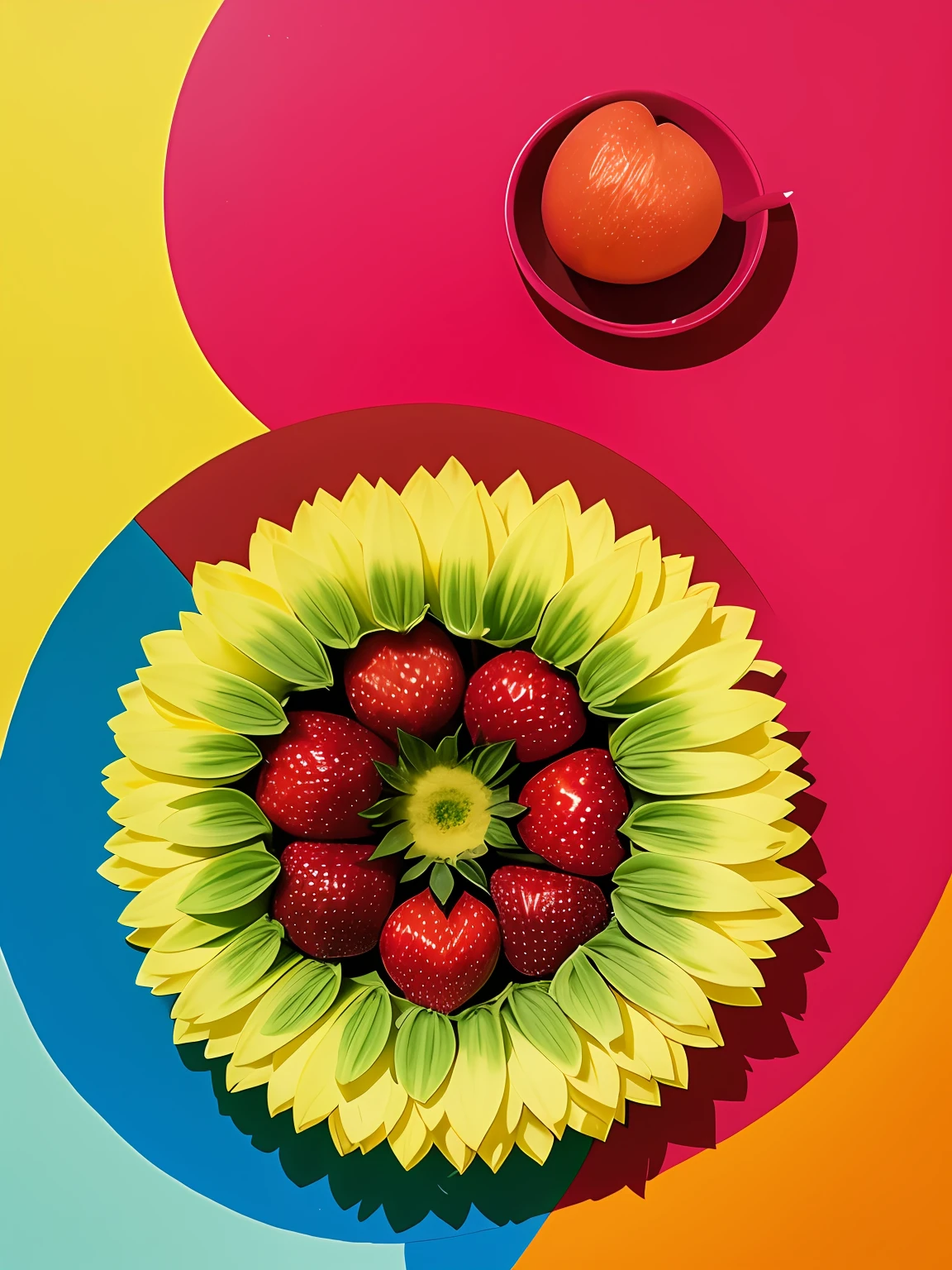 "Imagine uma obra de arte retratando um suculento, mMORANGO colorida, Bright as a rainbow. The MORANGO is the central point of the composition, com suas formas e contornos suaves, convidando os espectadores a apreciarem sua beleza. The color palette is vibrant and lush, with rich and vivid tones that blend harmoniously on the surface of the strawberry. Vermelhos intensos, laranjas brilhantes, amarelos dourados, verdes exuberantes, azuis profundos e roxos encantadores criam uma sinfonia de cores que envolvem a fruta. Small details of light and shadow add depth and realism to the image, Making the strawberry look almost palpable. Through this artistic representation, The Strawberry Turns into a Symbol of Vitality, frescor e alegria, cativando os espectadores e convidando-os a saborear sua beleza colorida." ,ROMERO BRITO