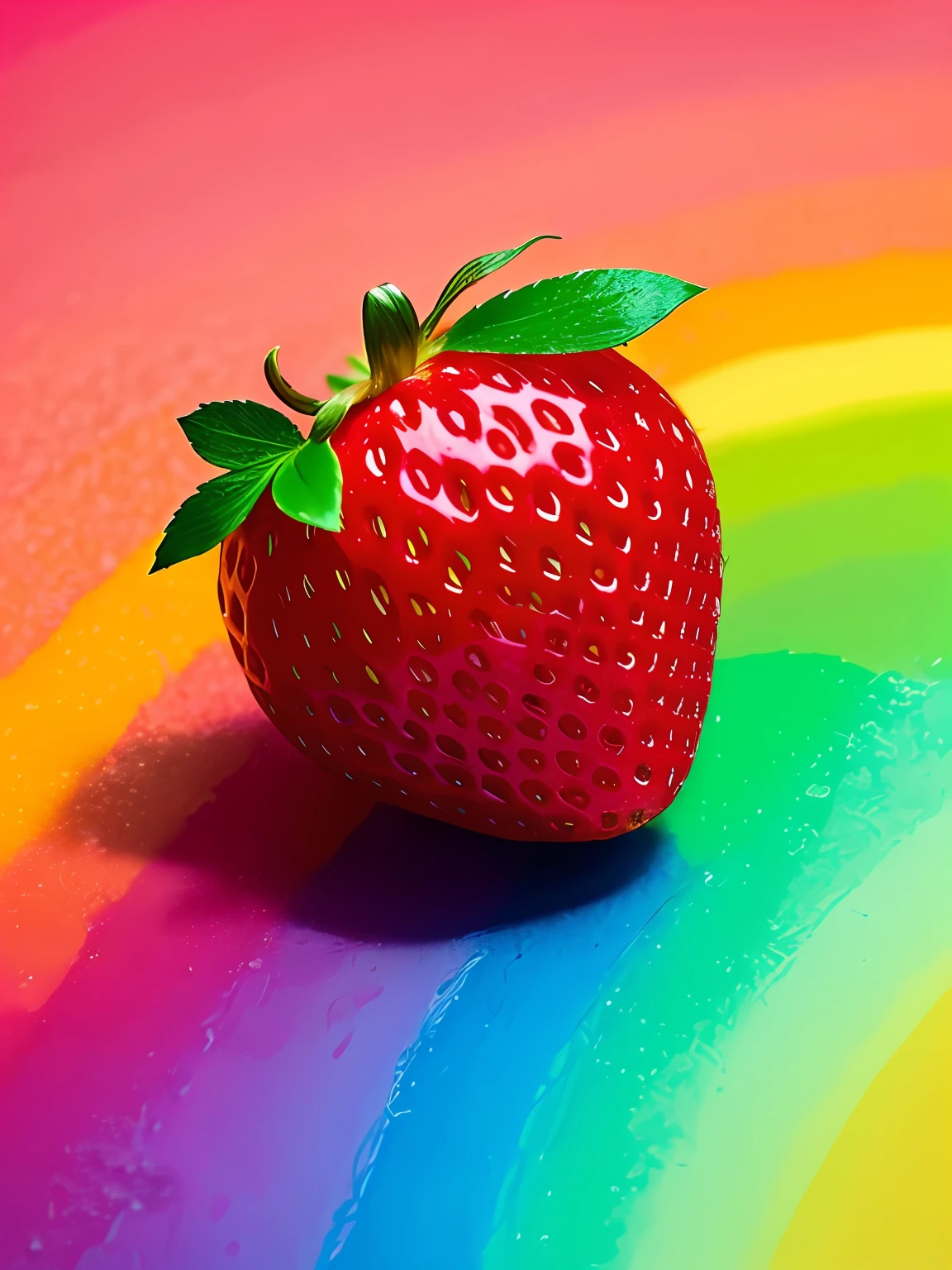 "Imagine uma obra de arte retratando um suculento, mMORANGO colorida, Bright as a rainbow. The MORANGO is the central point of the composition, com suas formas e contornos suaves, convidando os espectadores a apreciarem sua beleza. The color palette is vibrant and lush, with rich and vivid tones that blend harmoniously on the surface of the strawberry. Vermelhos intensos, laranjas brilhantes, amarelos dourados, verdes exuberantes, azuis profundos e roxos encantadores criam uma sinfonia de cores que envolvem a fruta. Small details of light and shadow add depth and realism to the image, Making the strawberry look almost palpable. Through this artistic representation, The Strawberry Turns into a Symbol of Vitality, frescor e alegria, cativando os espectadores e convidando-os a saborear sua beleza colorida." ,ROMERO BRITO