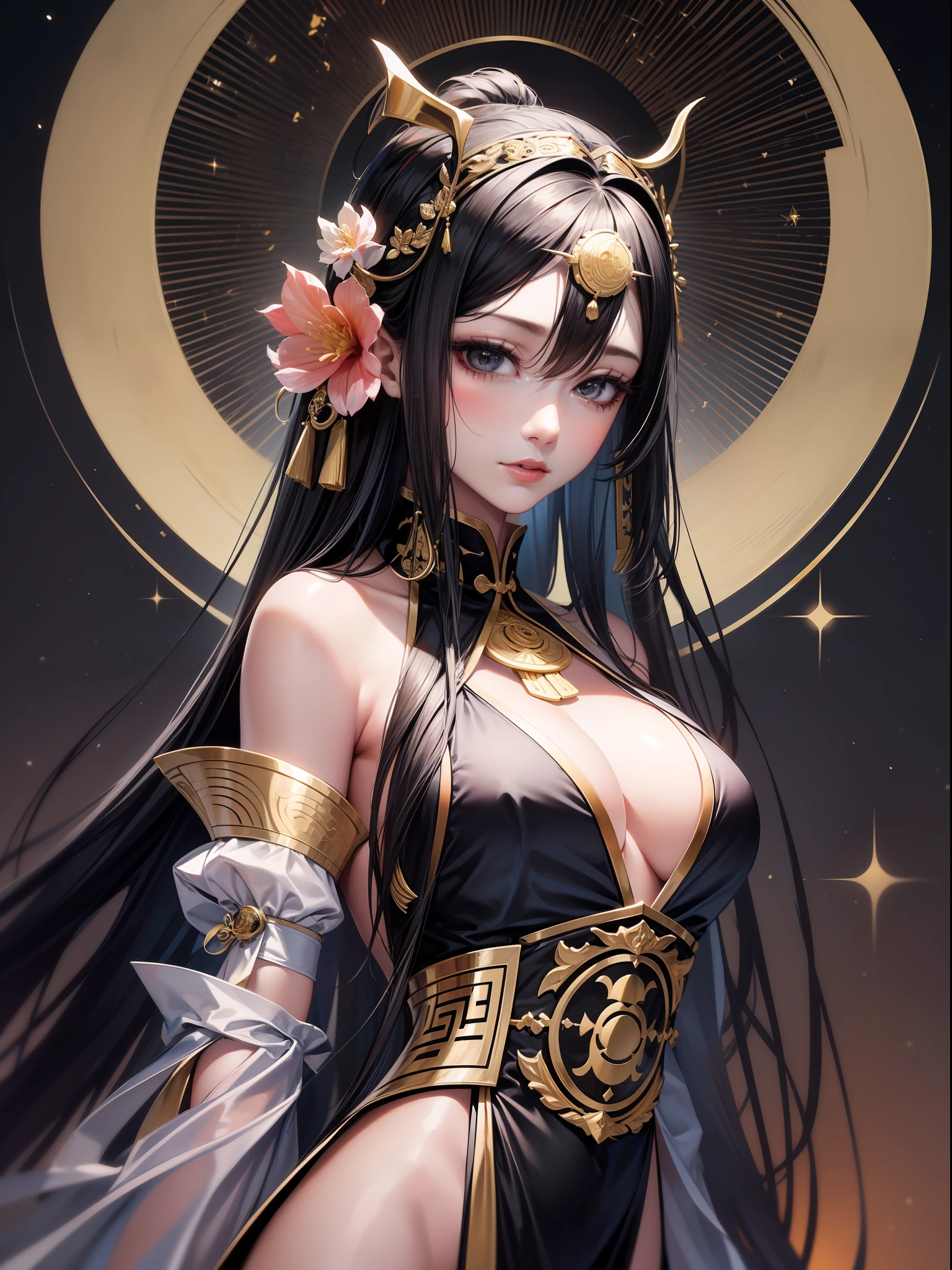 Master works, masterpieces, high quality, extreme detail, classical beauty, (1 female, 25 years-old), ((black long hair)), standing, (pure white loose Taoist robes), ((delicate face)), (best details), ((black eyes)), (golden Taoist headdress), ((golden Taoist headdress)), ( (black gloves), (long Taoist socking), sun, moon and stars background, full of light, peach blossoms