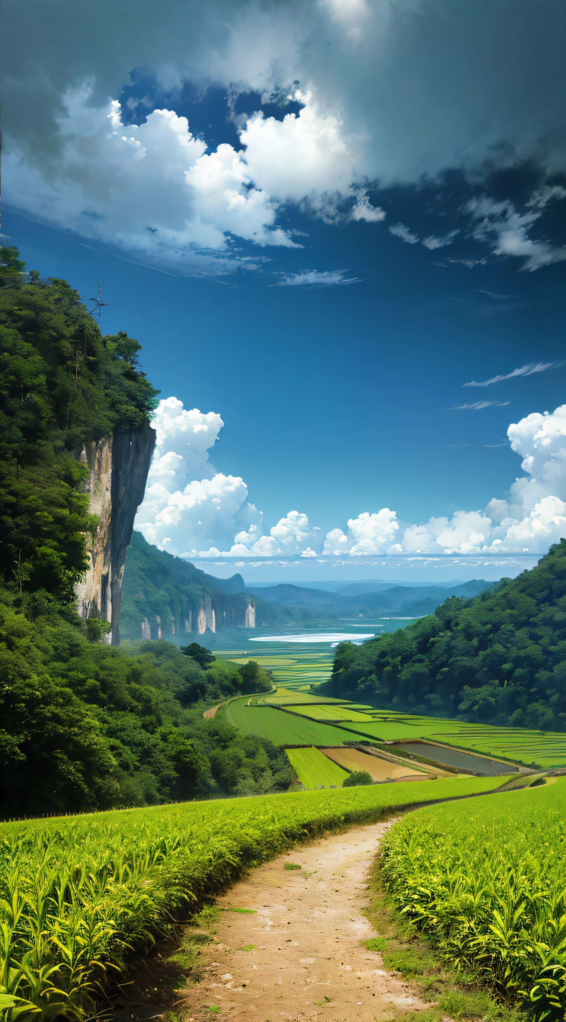 Big clouds, blue sky, rice fields, neat rice seedlings in the field, forest, hillside, secluded, rural, HD detail, hyper-detail, cinematic, surrealism, soft light, deep field focus bokeh, ray tracing and surrealism. --v6