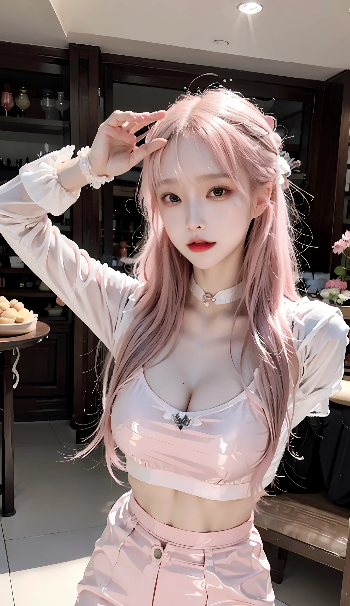 A woman in a pink shirt and skirt poses for a photo, Korean girl, Gorgeous young Korean woman, pale milky white porcelain skin, latex shiny, bubblegum body, beautiful Korean women, wearing atsuko kudo latex outfit, latex outfit, Cute girl in latex vest suit, Asian girl with long hair, Smooth pink skin, ultrarealistic sweet bunny girl, Wearing latex,Exposed cleavage,Crop topping