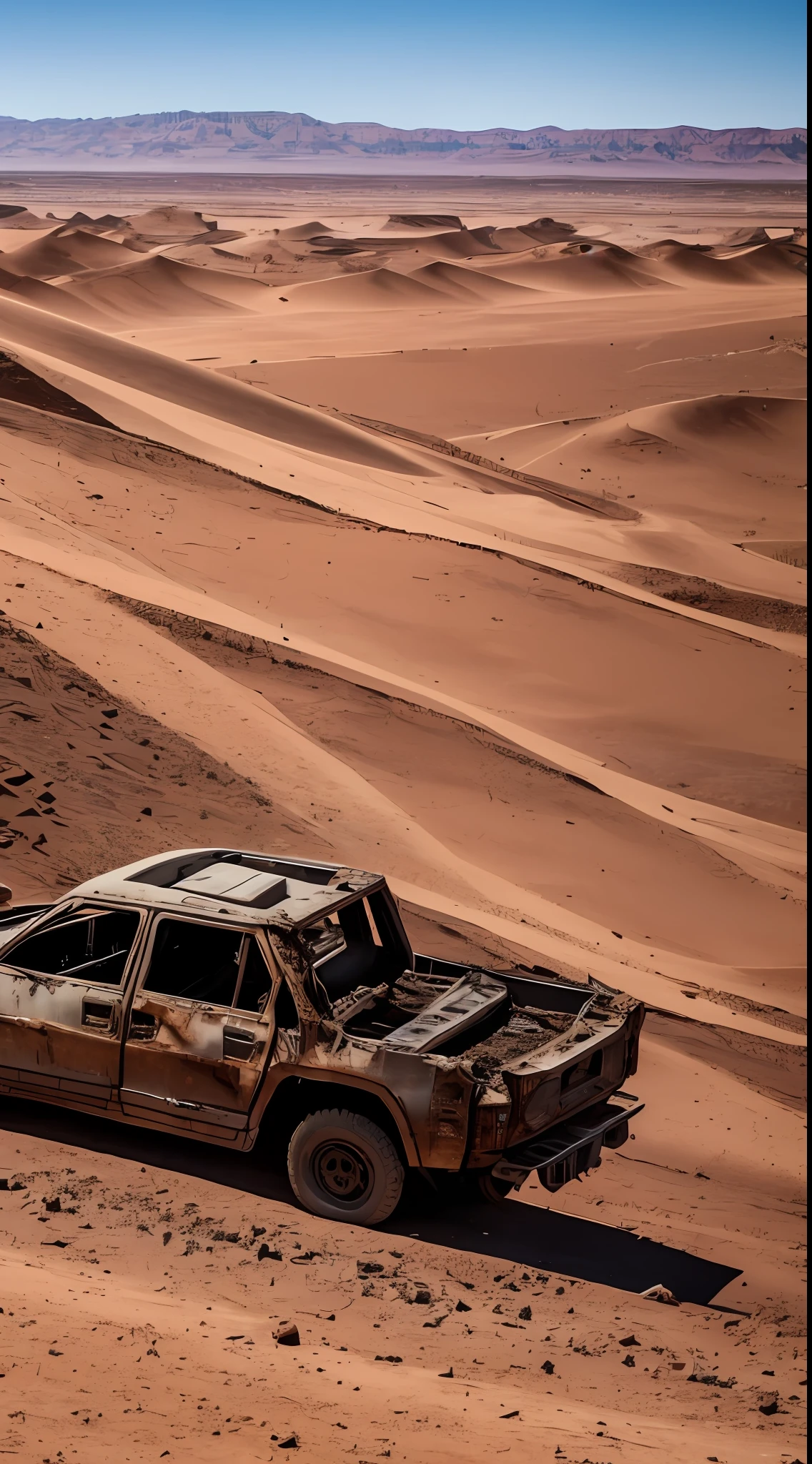 On the red Gobi，Standing a traveler in a tattered brown cape，His back was to the destroyed city in the distance，The world has been destroyed，It's deserted、Lifeless --auto