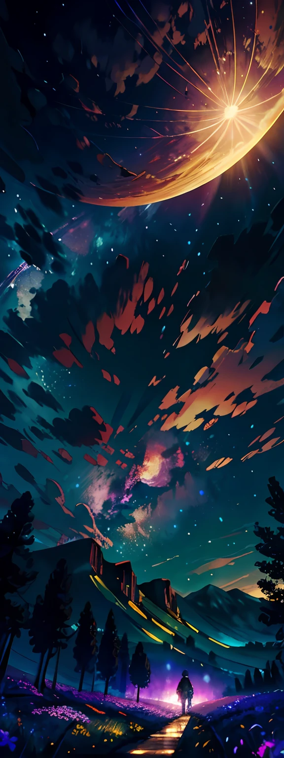 A wide landscape photo, (viewed from below, the sky is above, and the open field is below), a girl standing on a flower field looking up, (full moon: 1.2), (meteor: 0.9), (nebula: 1.3), distant mountains , Trees BREAK Crafting Art, (Warm Light: 1.2), (Firefly: 1.2), Lights, Lots of Purple and Orange, Intricate Details, Volumetric Lighting BREAK (Masterpiece: 1.2), (Best Quality), 4k, Ultra Detailed, (Dynamic Composition: 1.4), Rich in Detail and Color, (Rainbow Color: 1.2), (Glow, Atmospheric Lighting), Dreamy, Magical, (Solo: 1.2)