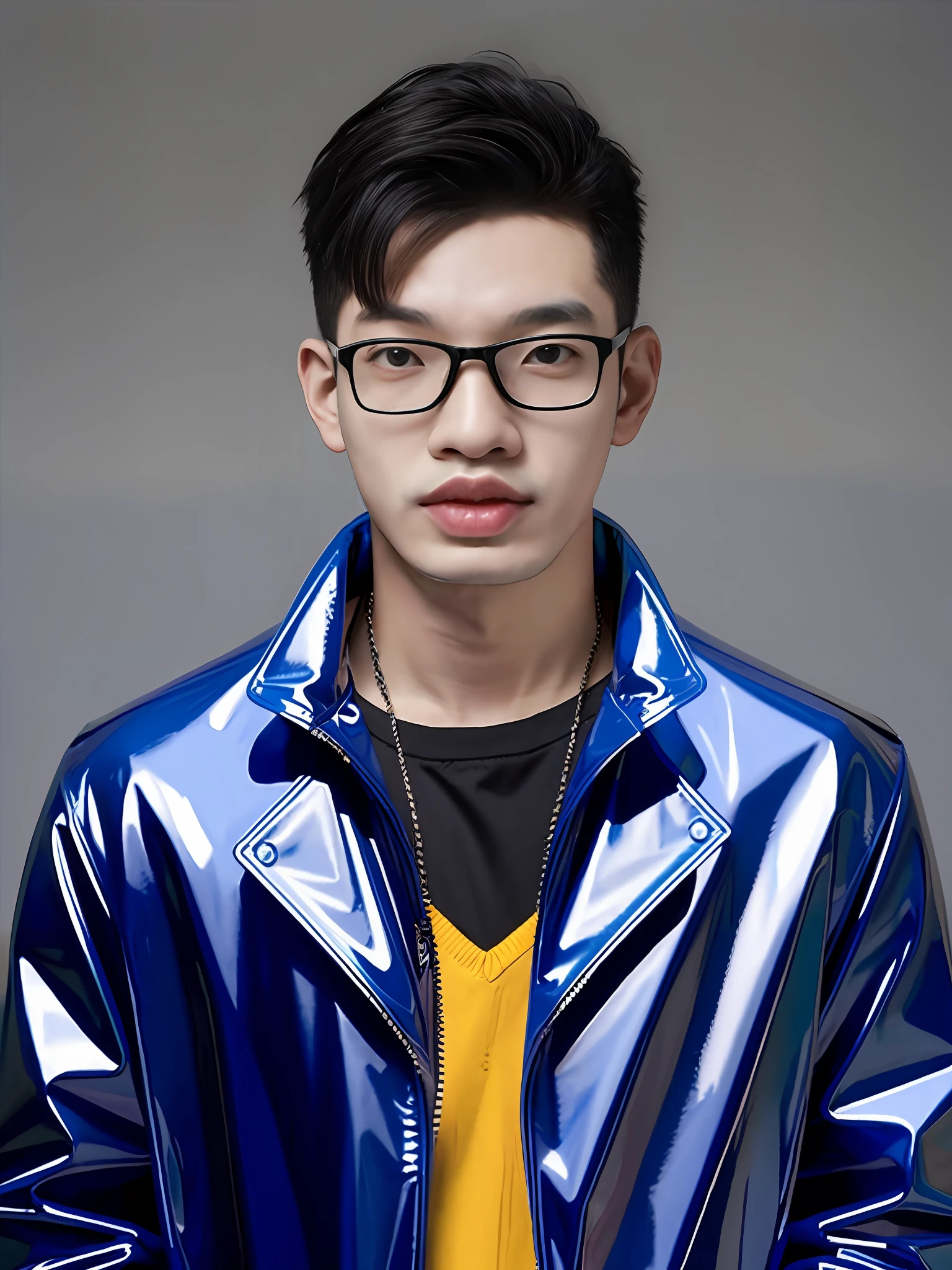 A Chinese male high school student,Wearing a blue PVC jacket,Strong body