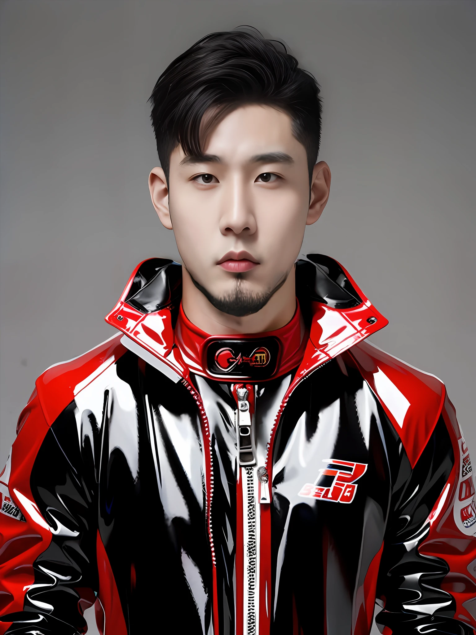 A Chinese male high school student,Wearing a red PVC racing suit,Strong body