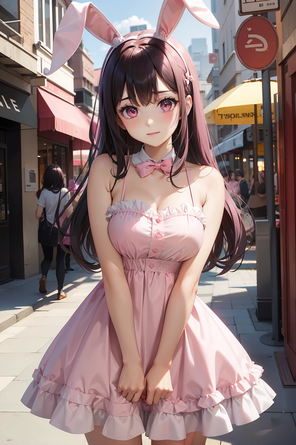 a women, pink bunny ears, black hair, pink eyes, pink dress