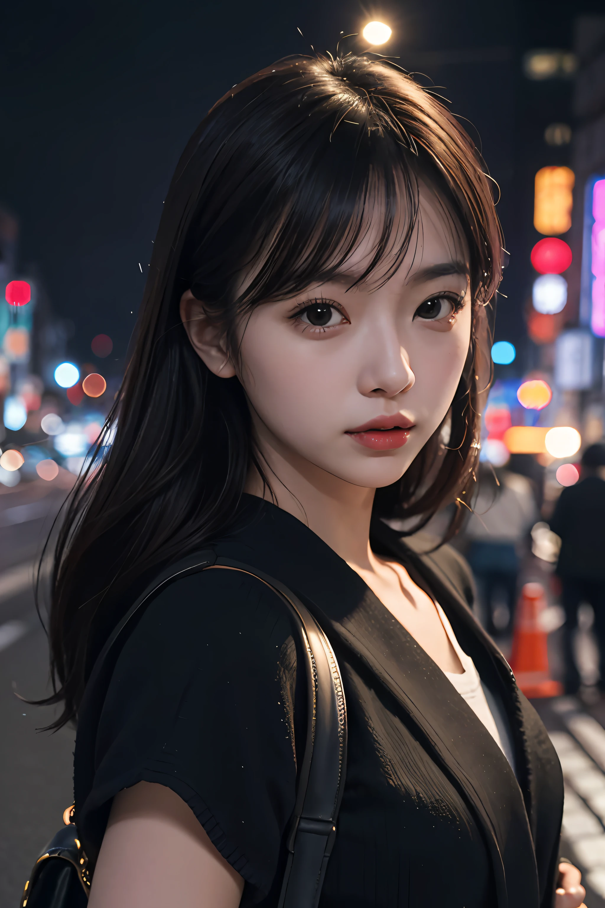 1girl, Tokyo street,night, cityscape,city lights, upper body,close-up, 8k, RAW photo, best quality, masterpiece,realistic, photo-realistic,