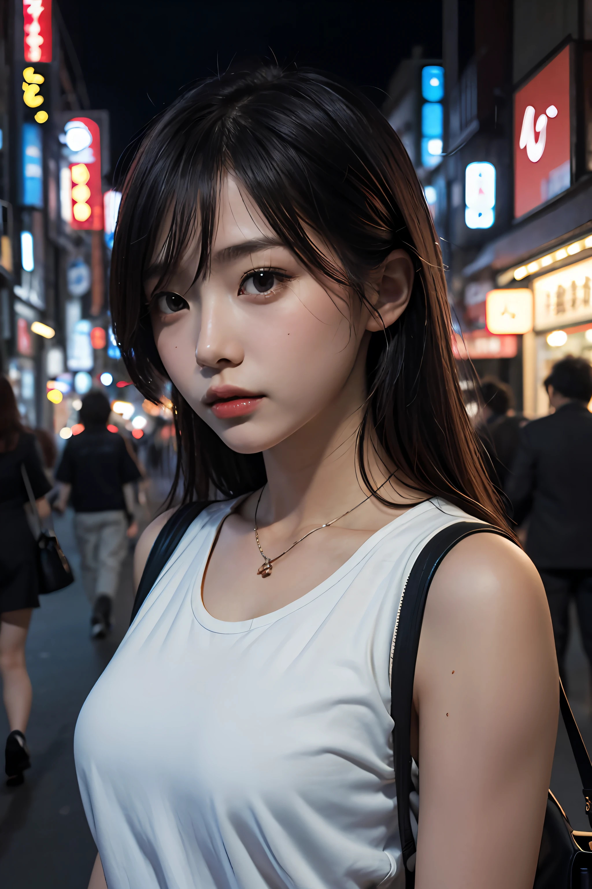 1girl, Tokyo street,night, cityscape,city lights, upper body,close-up, 8k, RAW photo, best quality, masterpiece,realistic, photo-realistic,