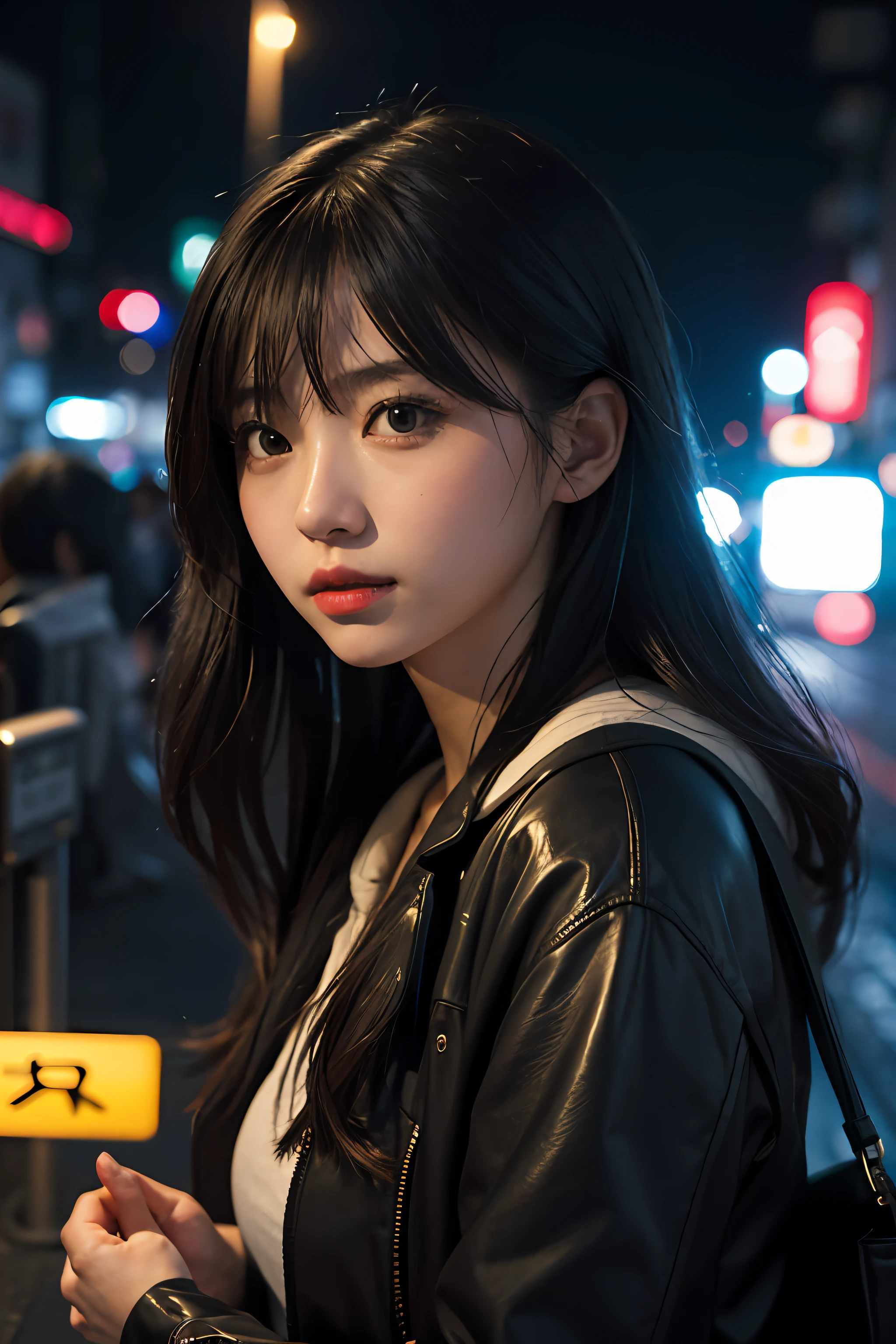 1girl, Tokyo street,night, cityscape,city lights, upper body,close-up, 8k, RAW photo, best quality, masterpiece,realistic, photo-realistic,