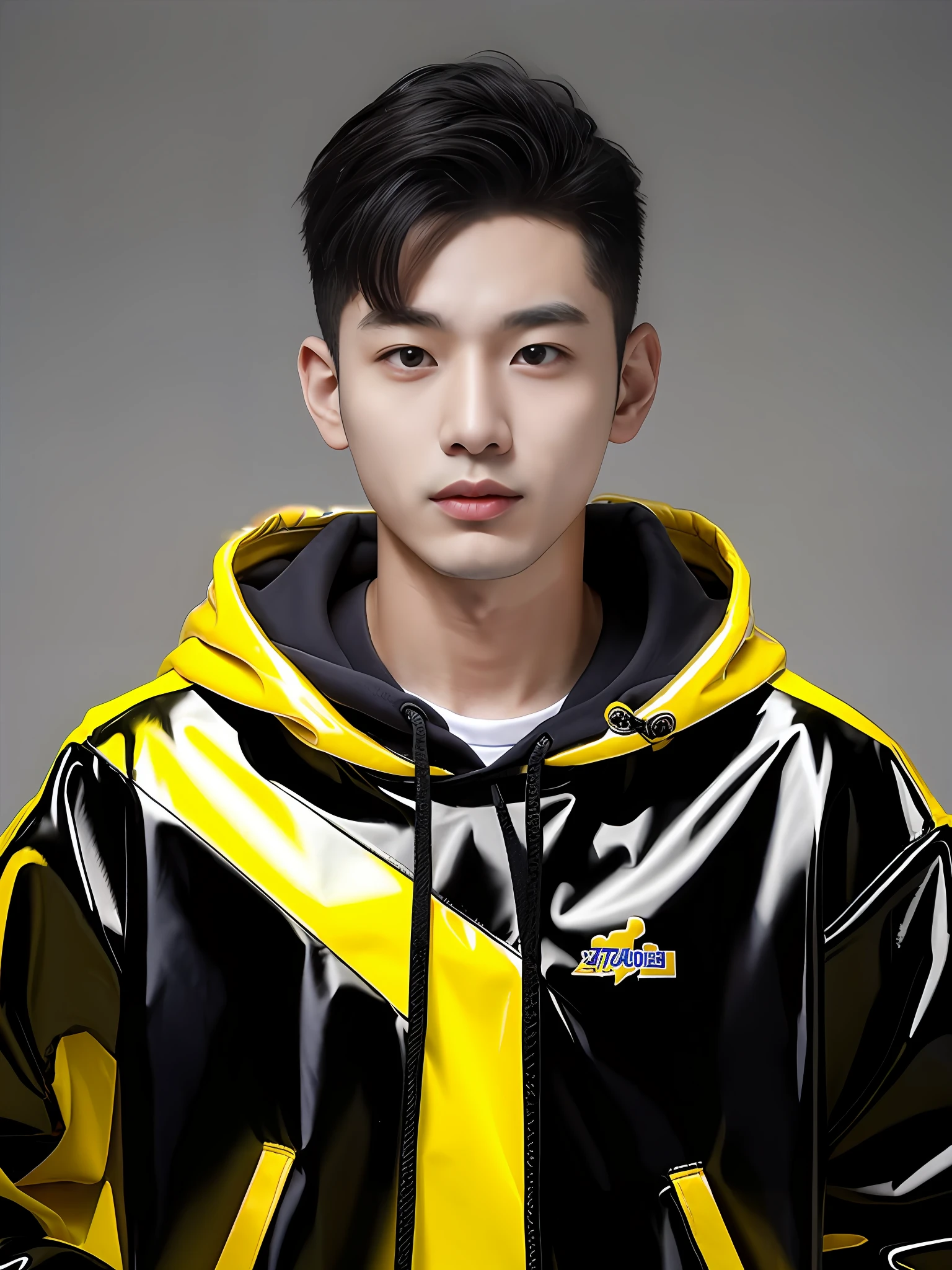 A Chinese male high school student，Wearing a yellow PVC sweatshirt，Strong body