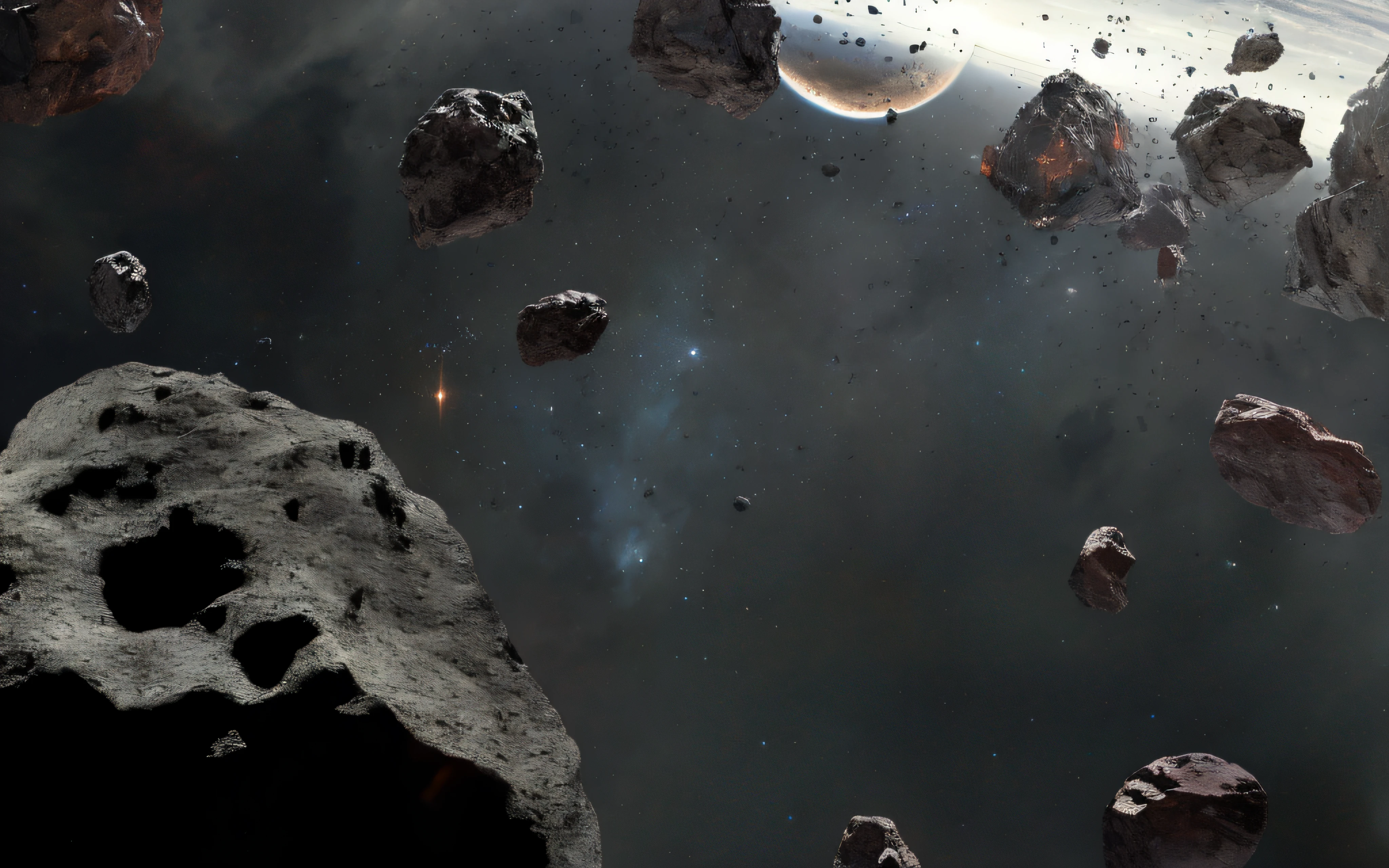 There are a lot of small stones and small stones in the space, asteroids realistic cinematic, asteroids, On the surface of an asteroid, The asteroid belt in the distance, Asteroid belt, star citizen concept art, metallic asteroid, star citizen digital art, Meteor Fall, spaceships flying in background, meteors are falling from the sky, spaceships flying around, cinematic space scenery