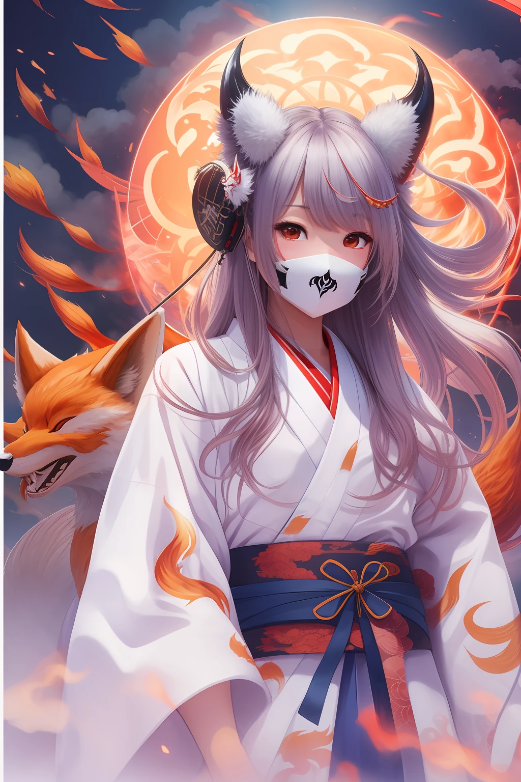 A Japanese girl in a traditional white kimono, wearing a devil mask, standing in front of a nine-tailed fox in the sky, with a detailed Japanese ocean, high-quality, white background, sharp focus, smoke, sparks, racks, system unit, motherboard