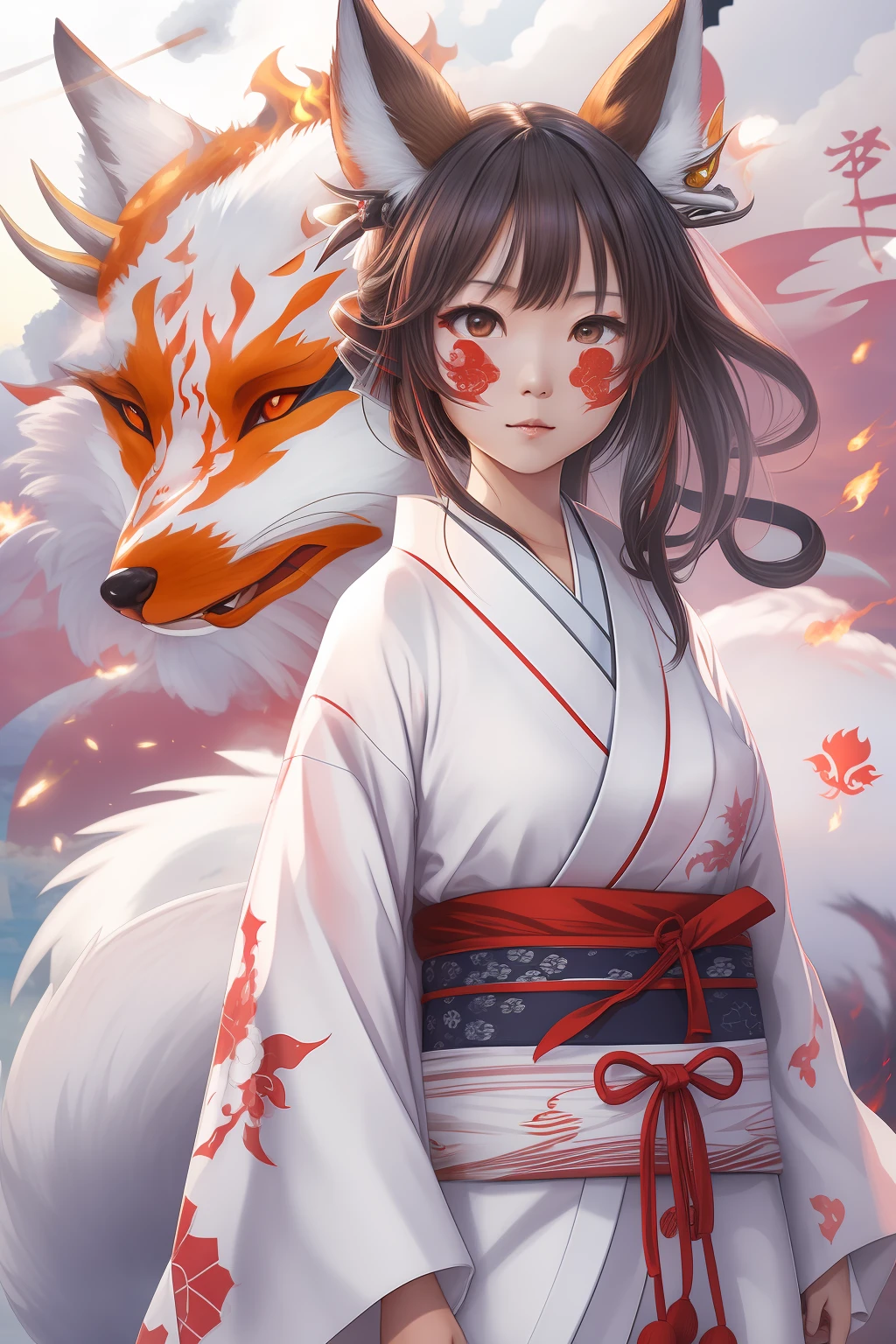 A Japanese girl in a traditional white kimono, wearing a devil mask, standing in front of a nine-tailed fox in the sky, with a detailed Japanese ocean, high-quality, white background, sharp focus, smoke, sparks, racks, system unit, motherboard
