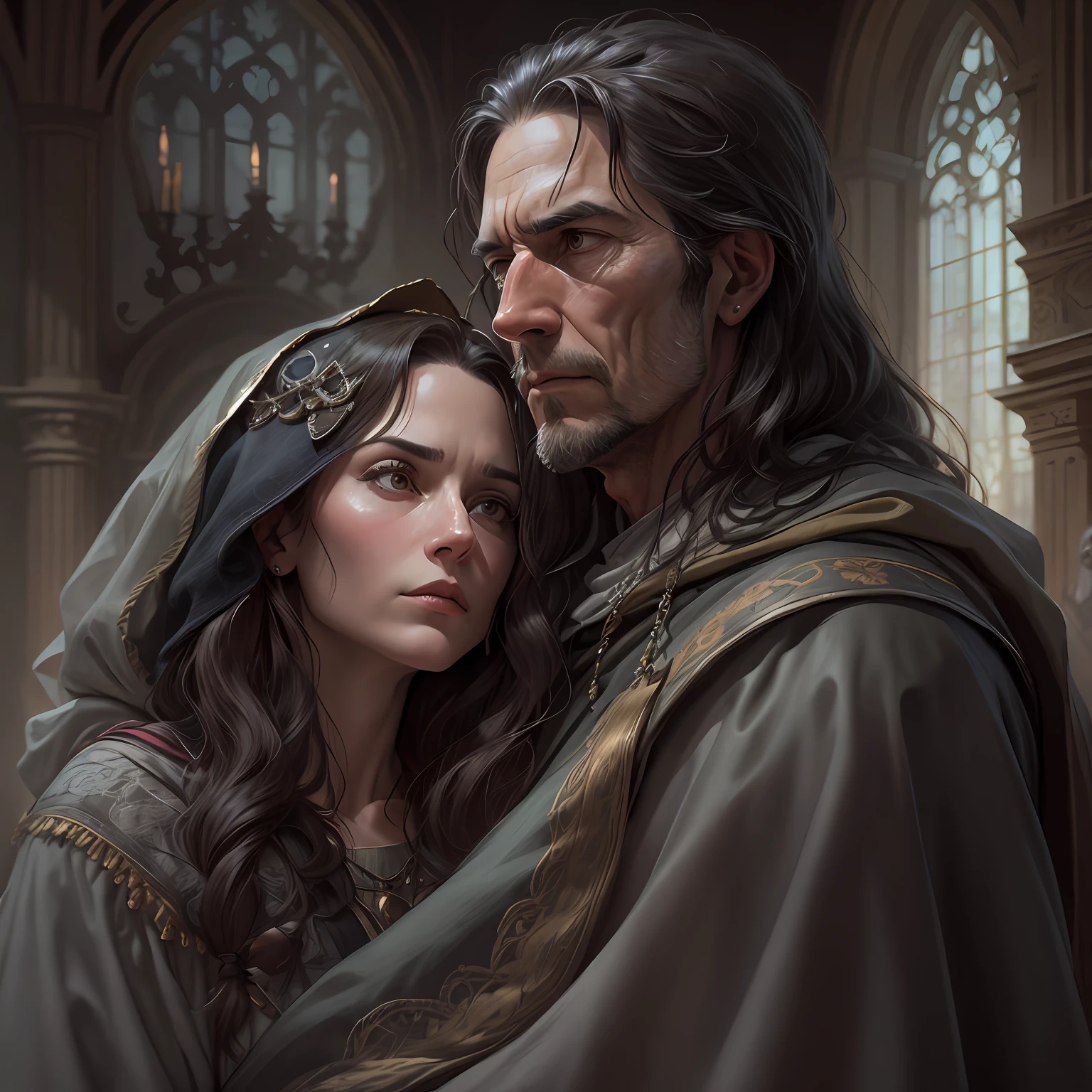 Duo of a woman and a man, side-view, Hi-Def, ultradetail, European facial features, realeme fentezi, Pattern, portraite of a, side glance: woman's, 56 years old, dark brown long hair, dark eyes, frowning, A fighting look into the distance, dressed in an old shabby gray cloak,Beautiful handkerchief, wrapped around her head, Hands raised up, Clarity: 8 months, scenery: side view Huge throne room with large windows, A 56-year-old woman in an old cloak stands near a throne, In the background, near the throne, there is a man hugging a woman by the shoulders, Rear side view: A man hugging a woman by the shoulders, Standing Behind the Throne