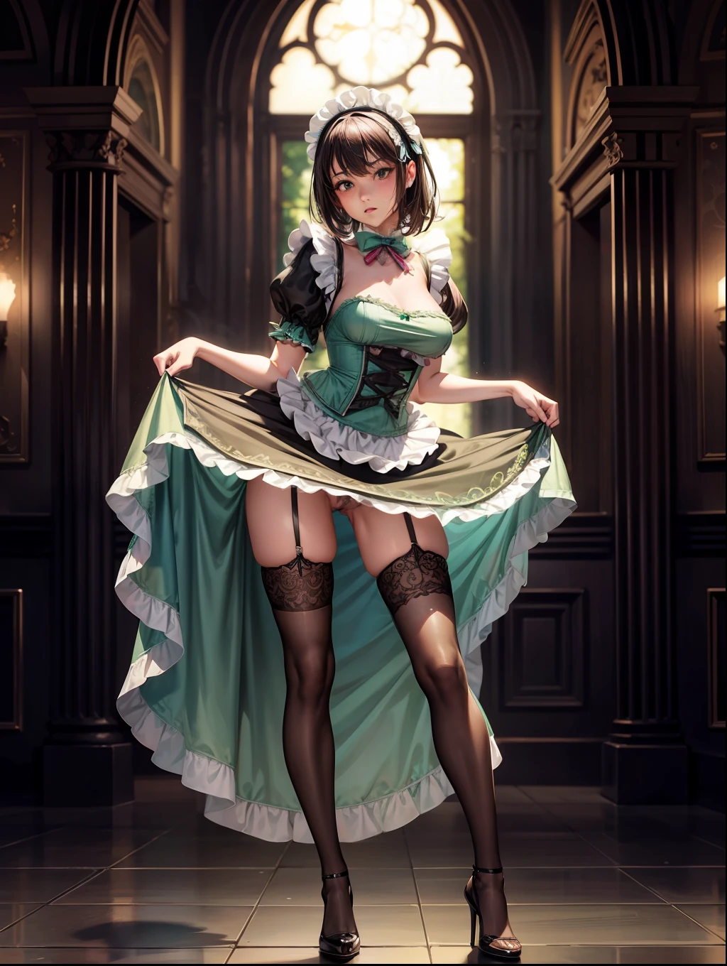 nsfw, hyper photo realistic, full body, slim hottie lewd girl in a lacy mini-skirted gorgeous maid outfit in chocolate mint colors costume, standing, lift up skirt, Panty with lace that can be glimpsed, in the style of 2d game art, blink-and-you-miss-it detail, detailed costumes, heavy shading