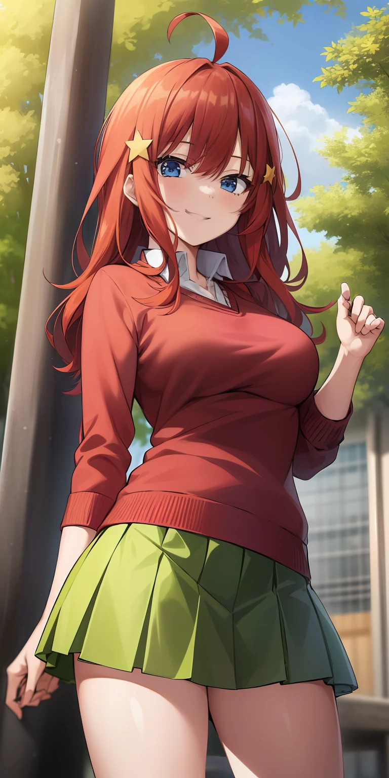 2d, masterpiece, best quality, anime, highly detailed, 1girl, solo, cowboy shot, nakano itsuki, red hair, long hair, star hair ornament, ahoge, red sweater, collared shirt, green skirt, miniskirt, medium breasts, standing, school, outdoors, smile