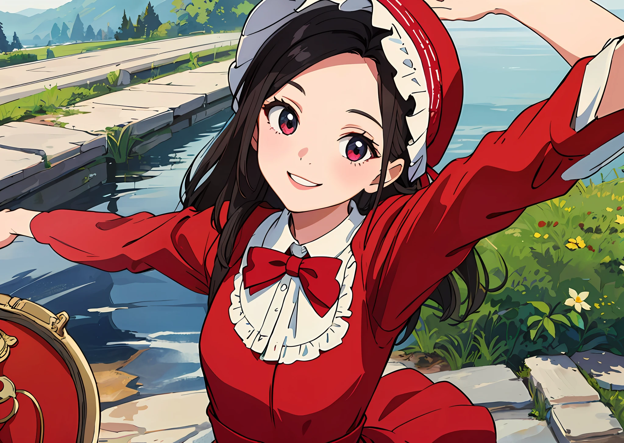 (masterpiece, best quality), 1girl, smiling, pretty, taking a selfie, outdoors, beautiful face, bonnet, red dress