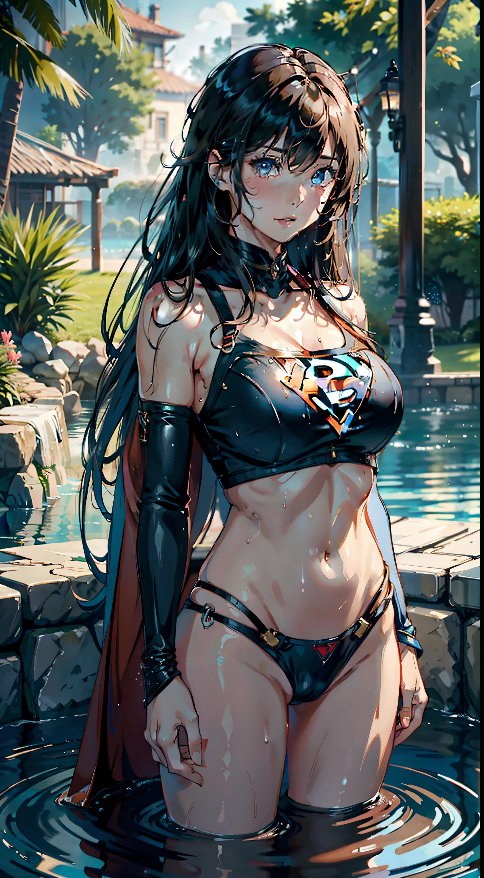 1girll,Huge breasts,Supergirl, Wearing a Superman uniform,独奏, hair adornments, She's wet, ,A defiant expression,, Skysky,the night,themoon, She has long flowing hair, exposed bare shoulders, standing on your feet,Bigchest, wetclothes, From the front side, hair straight, mostly cloudy sky, Wet hair (((tmasterpiece),(Very detailed CG unity 8K wallpaper),best qualtiy,,独奏,1girll,cinmatic lighting,detailed back ground,beatiful detailed eyes,Bright pupils,(Very fine and beautiful),(Beautiful and detailed eye description),ultra - detailed,tmasterpiece,)),facing at camera,Protruding underparts,Camel toes,absurderes,A high resolution,ultra - detailed),she is soaking wet,1girll,独奏,mature,(Very long hair,brunette color hair)Emotive expressions,Open-mouthed,Pussy bulge,Camel toes,Protruding ,extremely large bosom,Raised sexy,Colorful,Most detailed,exteriors,fully body photo