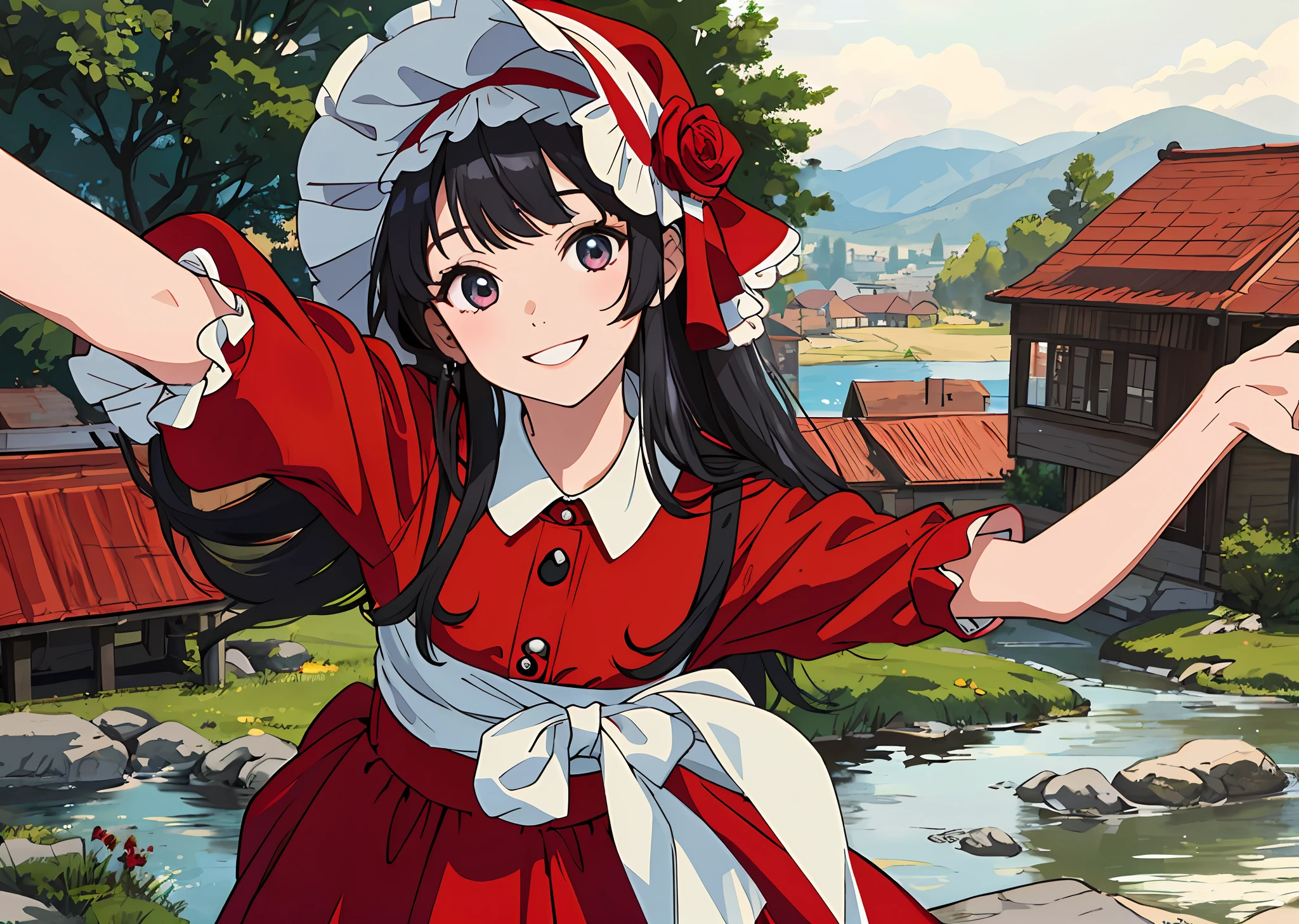 (masterpiece, best quality), 1girl, smiling, pretty, taking a selfie, outdoors, beautiful face, bonnet, red dress