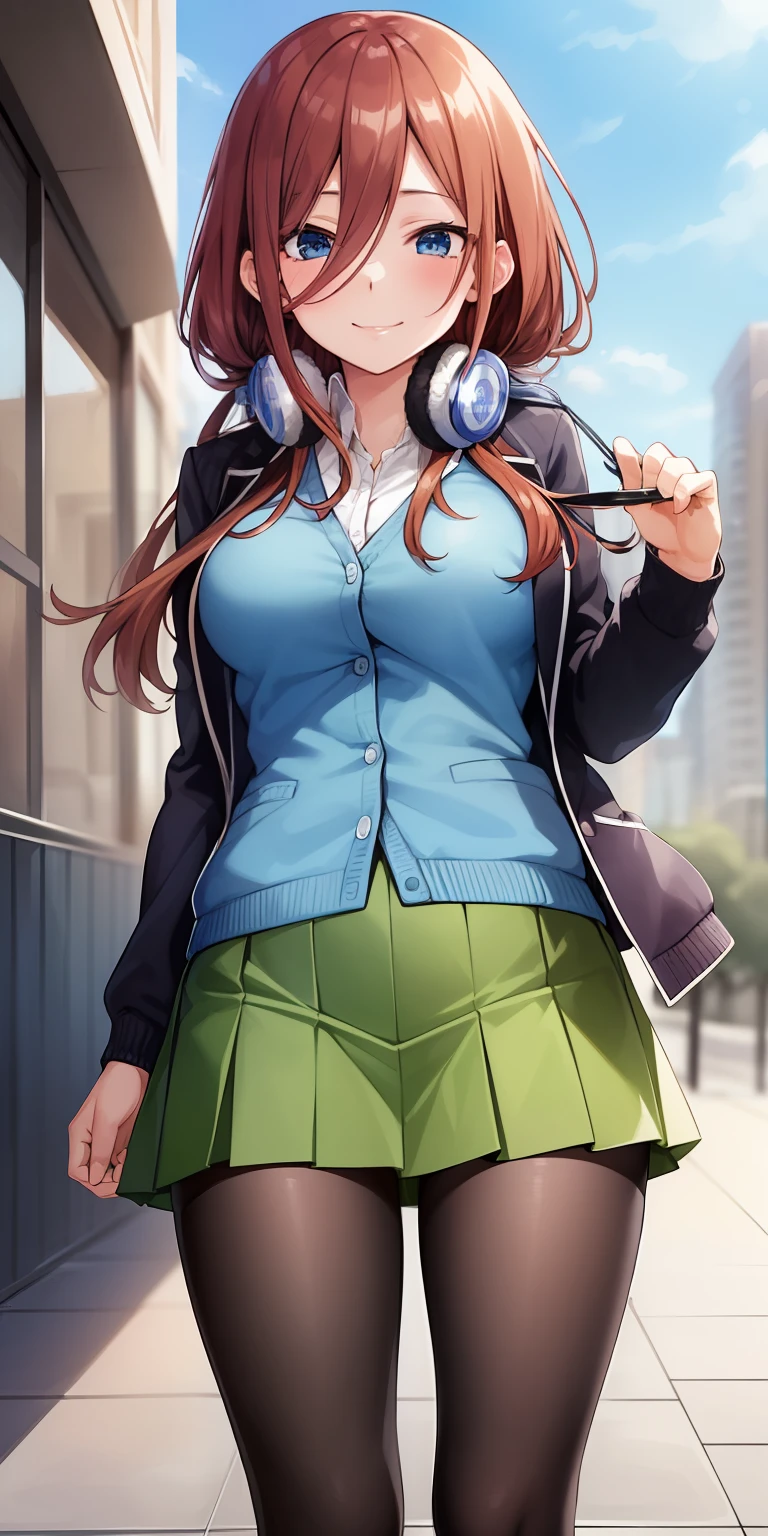 2d, masterpiece, best quality, anime, highly detailed, 1girl, solo, cowboy shot, nakano miku, brown hair, hair between eyes, blue cardigan, headphones, pantyhose, collared shirt, green skirt, miniskirt, medium breasts, standing, school, outdoors, smile