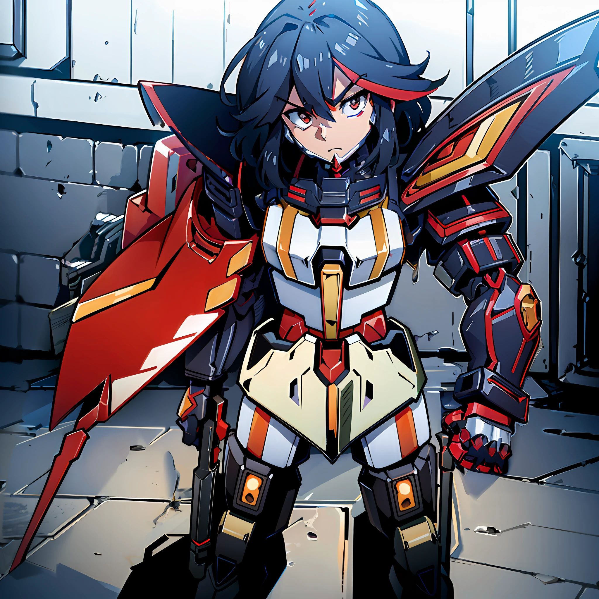 An anime character heavily encased in heavy armor wielding a weapon (arm-mount sword) standing in a room, gurren lagan, in mecha cyber armor, anime mech armor, attractive, covered in full metal armor, modern mecha anime, heavy black gundam armor, cool mecha style, ssss.gridman armor, black and red with white accents, slightly muscular, large red shoulder cape draped over shoulder, Heavy black armored arms and legs, white chest, black and red armored legs, black and red armored arms, white armored hands