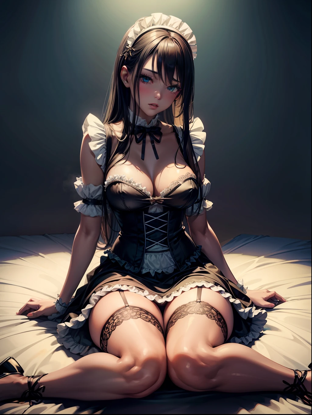 nsfw, hyper photo realistic, full body, slim hottie lewd girl in a lacy mini-skirted gorgeous maid outfit in chocolate mint colors costume, sitting, lift up skirt, Panty with lace that can be glimpsed, in the style of 2d game art, blink-and-you-miss-it detail, detailed costumes, heavy shading