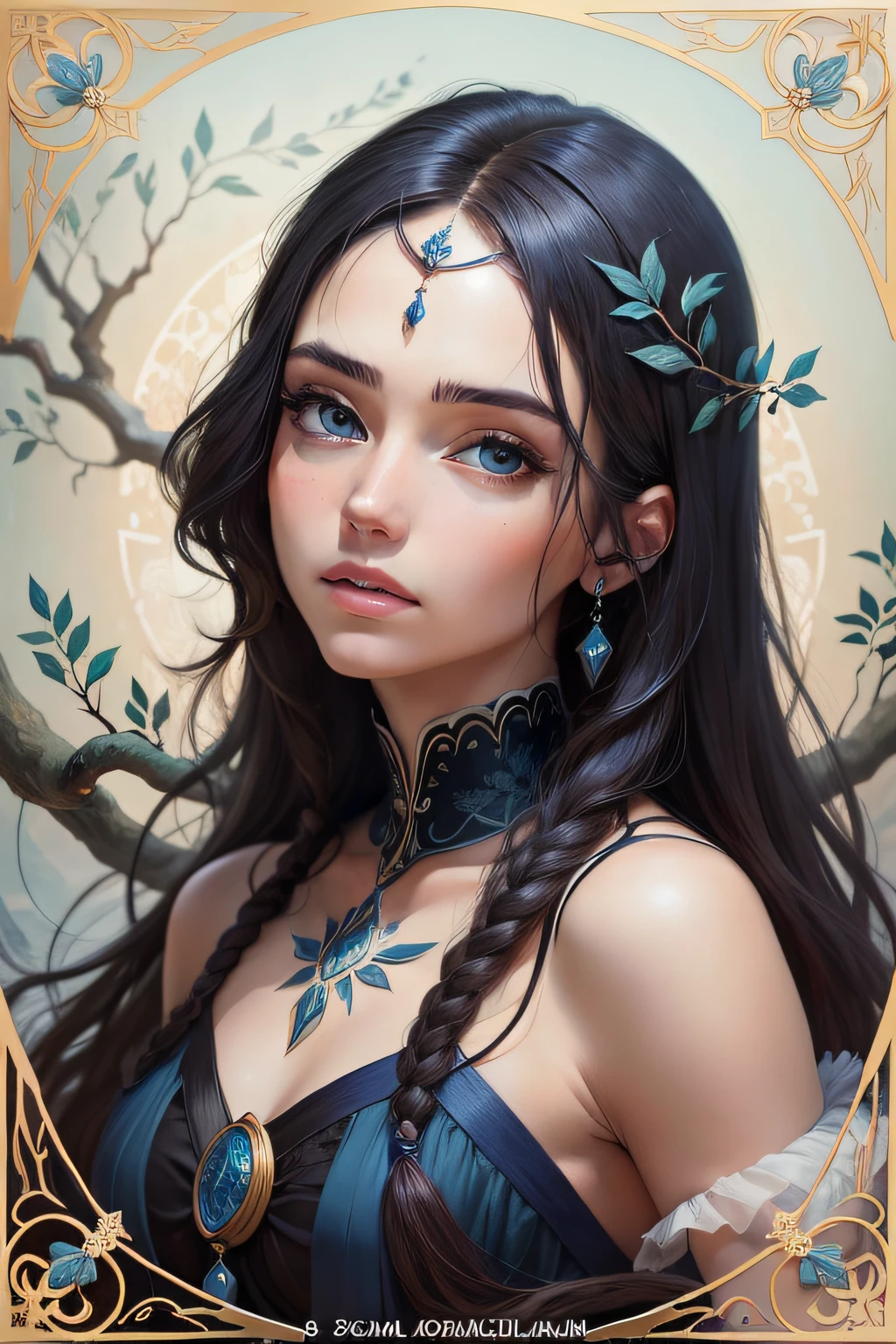 retrato 3x4 de uma mulher branca, com cabelos marrons e olhos AMARELOS, adornos de pedras preciosas, In Art Nouveau painting with branches of ADAM'S RIB, no background um ceu azul com nuvens e gaivotas